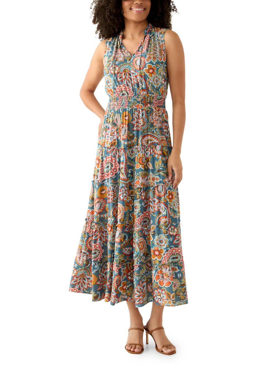Womens Sleeveless Tie Neck Tiered Maxi Dress