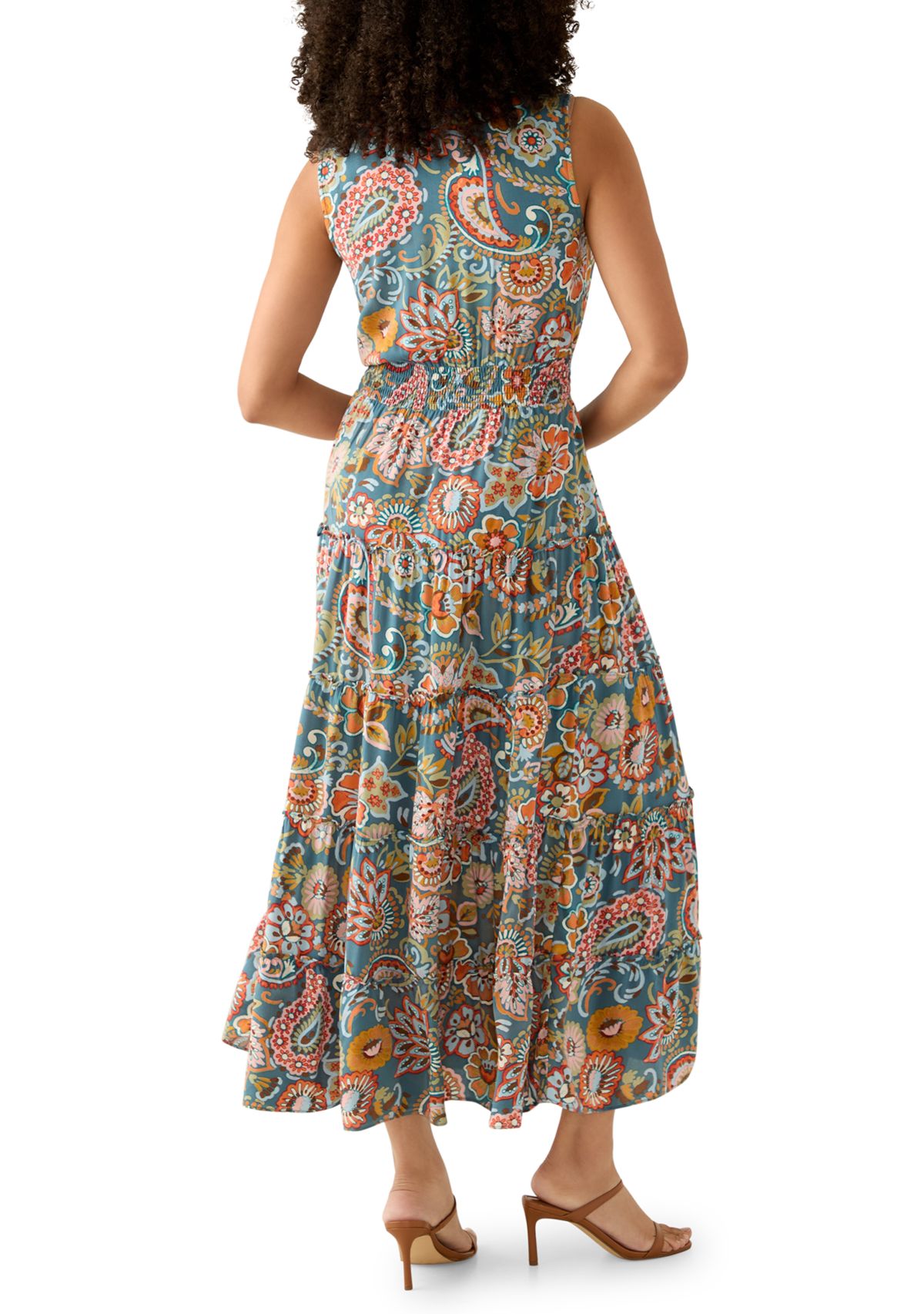 Womens Sleeveless Tie Neck Tiered Maxi Dress