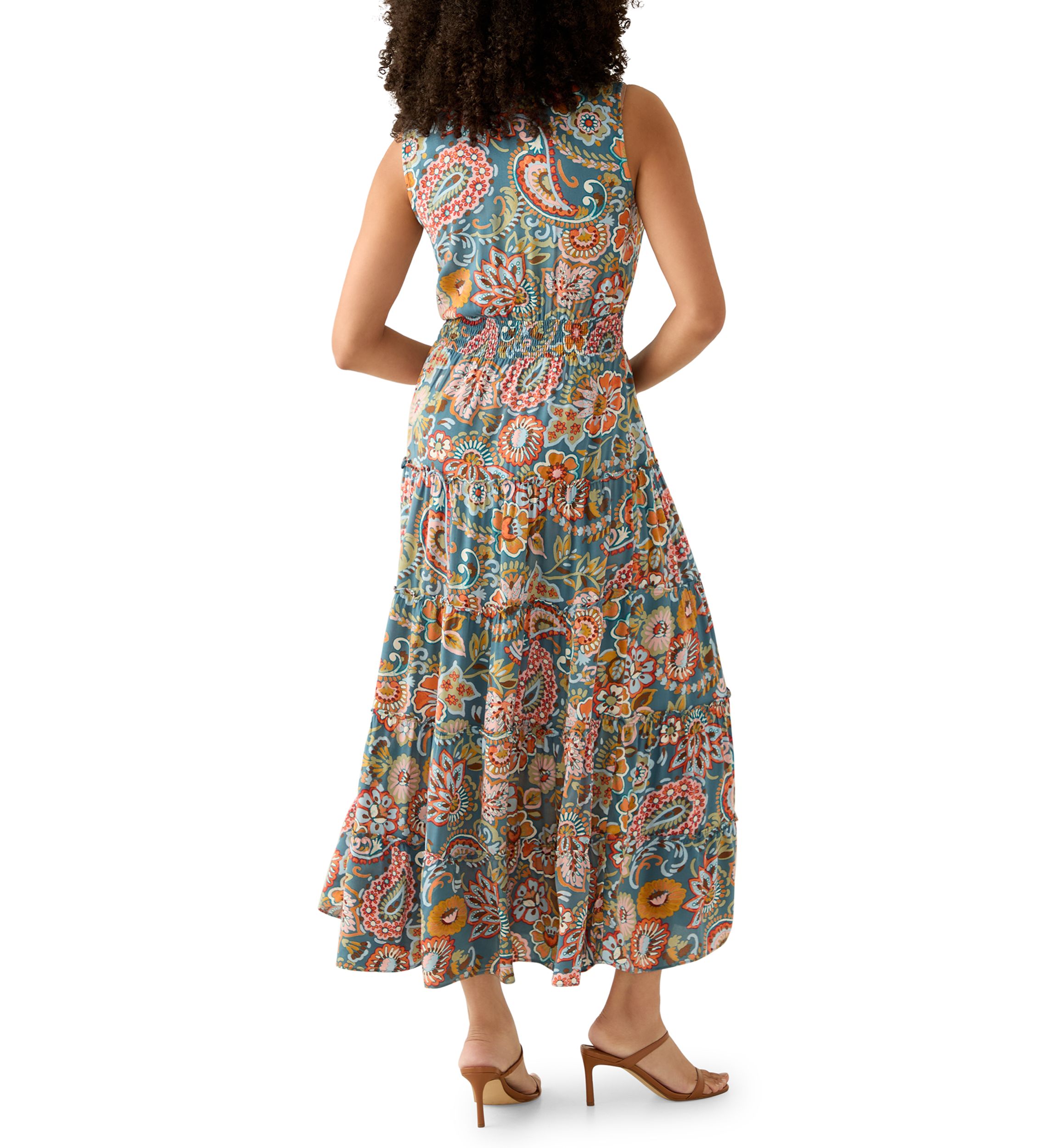 Womens Sleeveless Tie Neck Tiered Maxi Dress