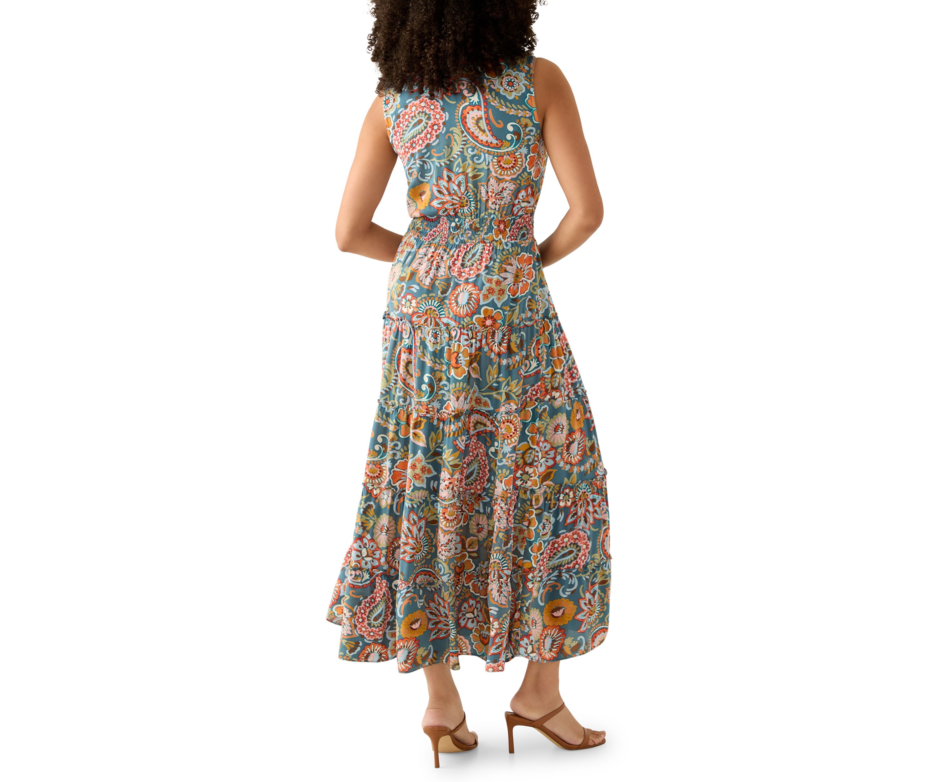 Womens Sleeveless Tie Neck Tiered Maxi Dress