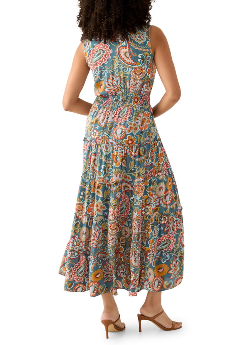 Womens Sleeveless Tie Neck Tiered Maxi Dress