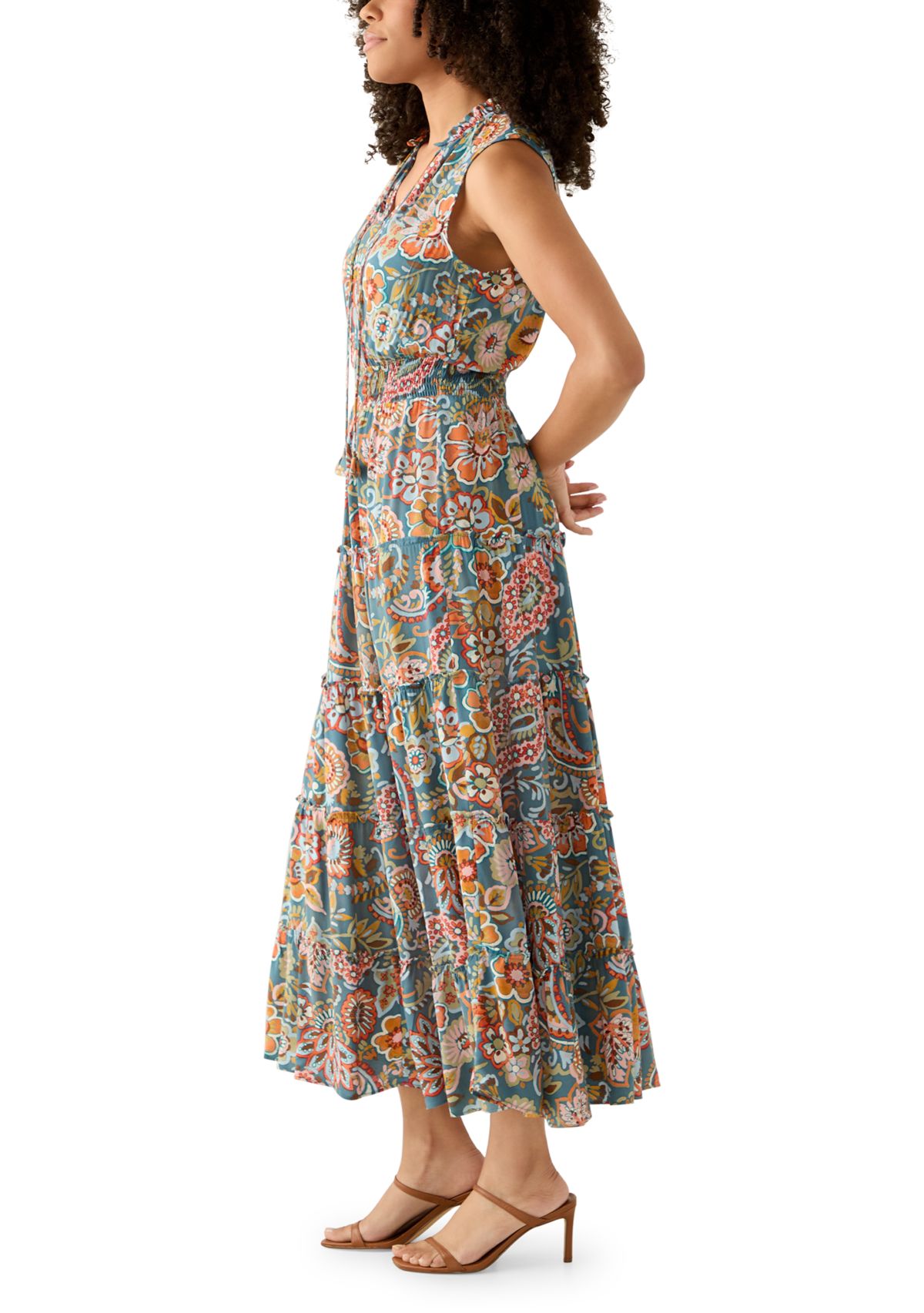 Womens Sleeveless Tie Neck Tiered Maxi Dress