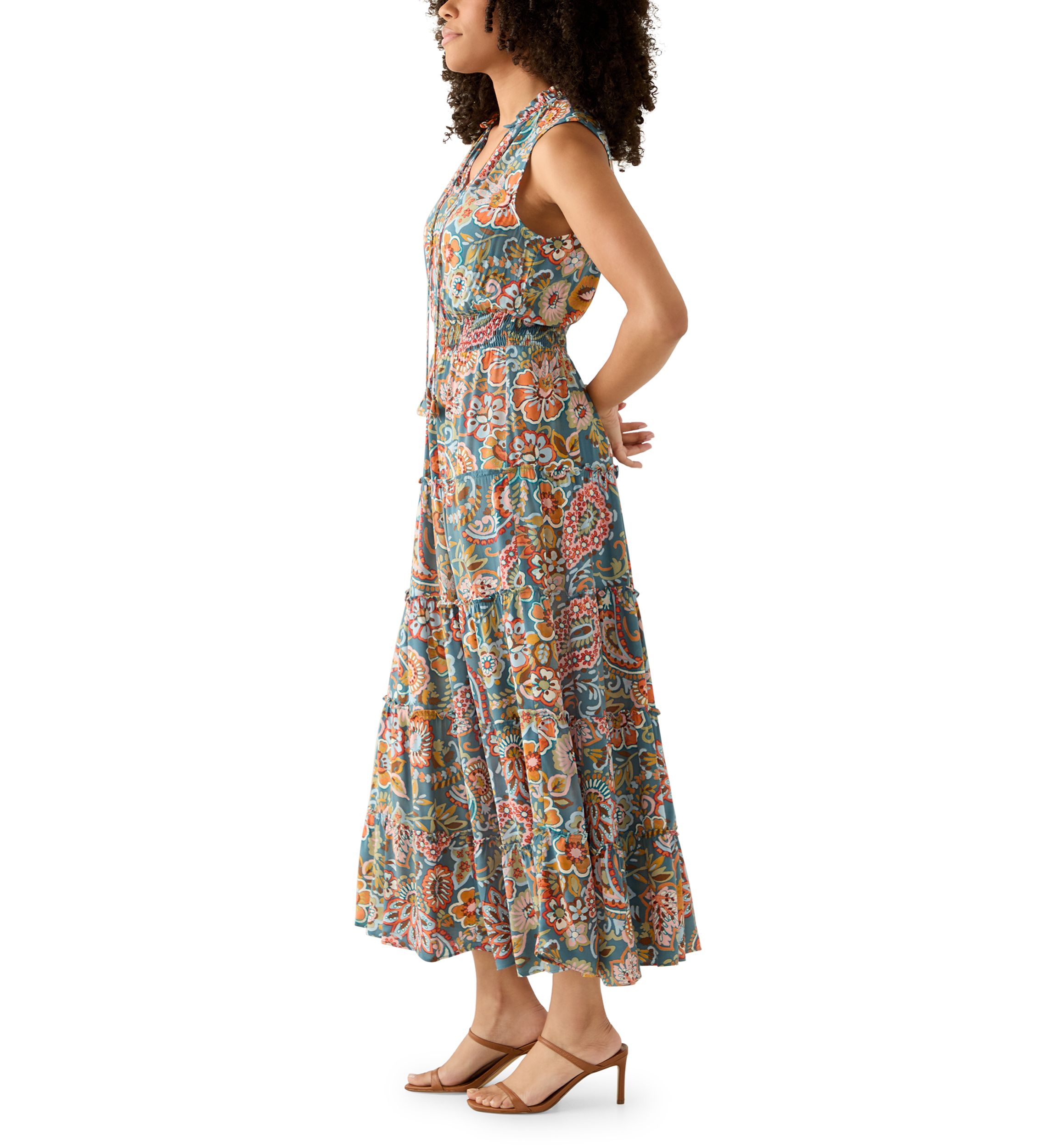 Womens Sleeveless Tie Neck Tiered Maxi Dress
