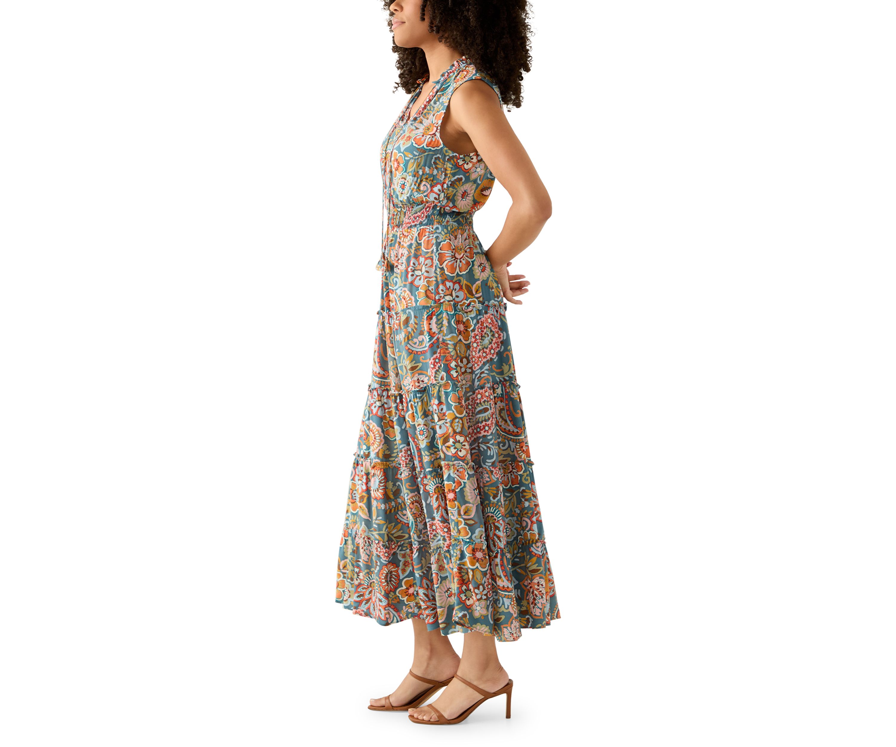Womens Sleeveless Tie Neck Tiered Maxi Dress