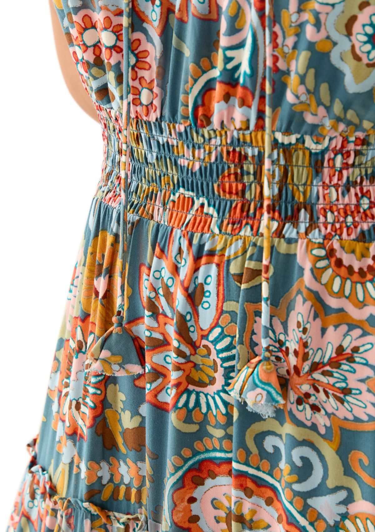 Womens Sleeveless Tie Neck Tiered Maxi Dress