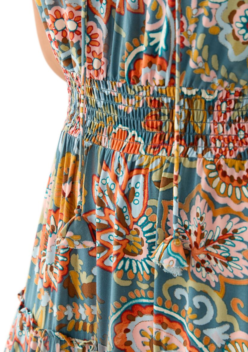 Womens Sleeveless Tie Neck Tiered Maxi Dress