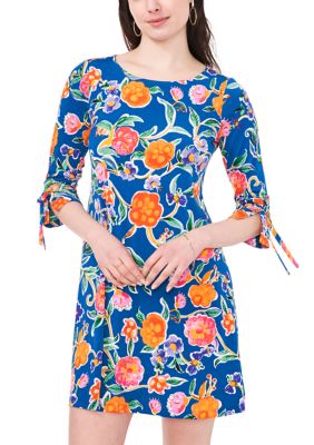 MSK Women’s 3/4 Tie Sleeve Floral Print A-Line Dress, Small