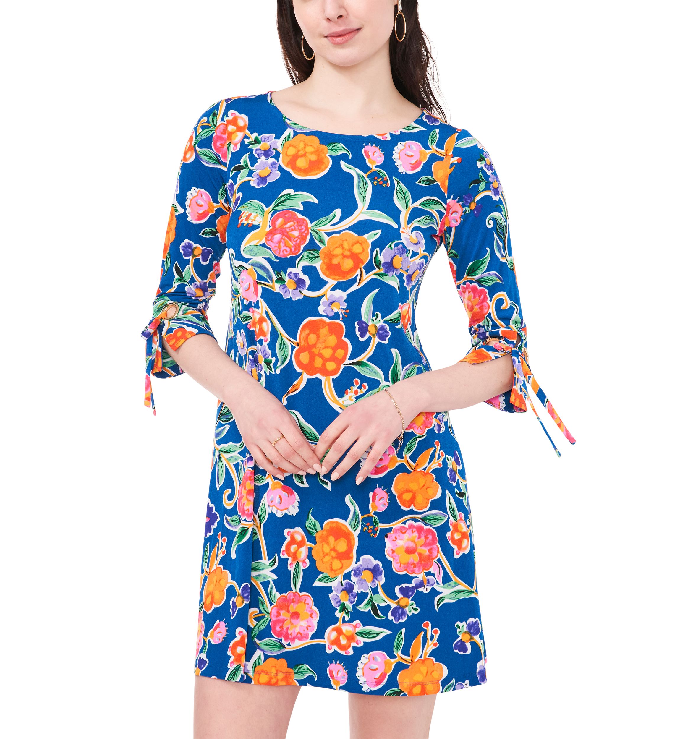 Womens 3/4 Tie Sleeve Floral Print A-Line Dress