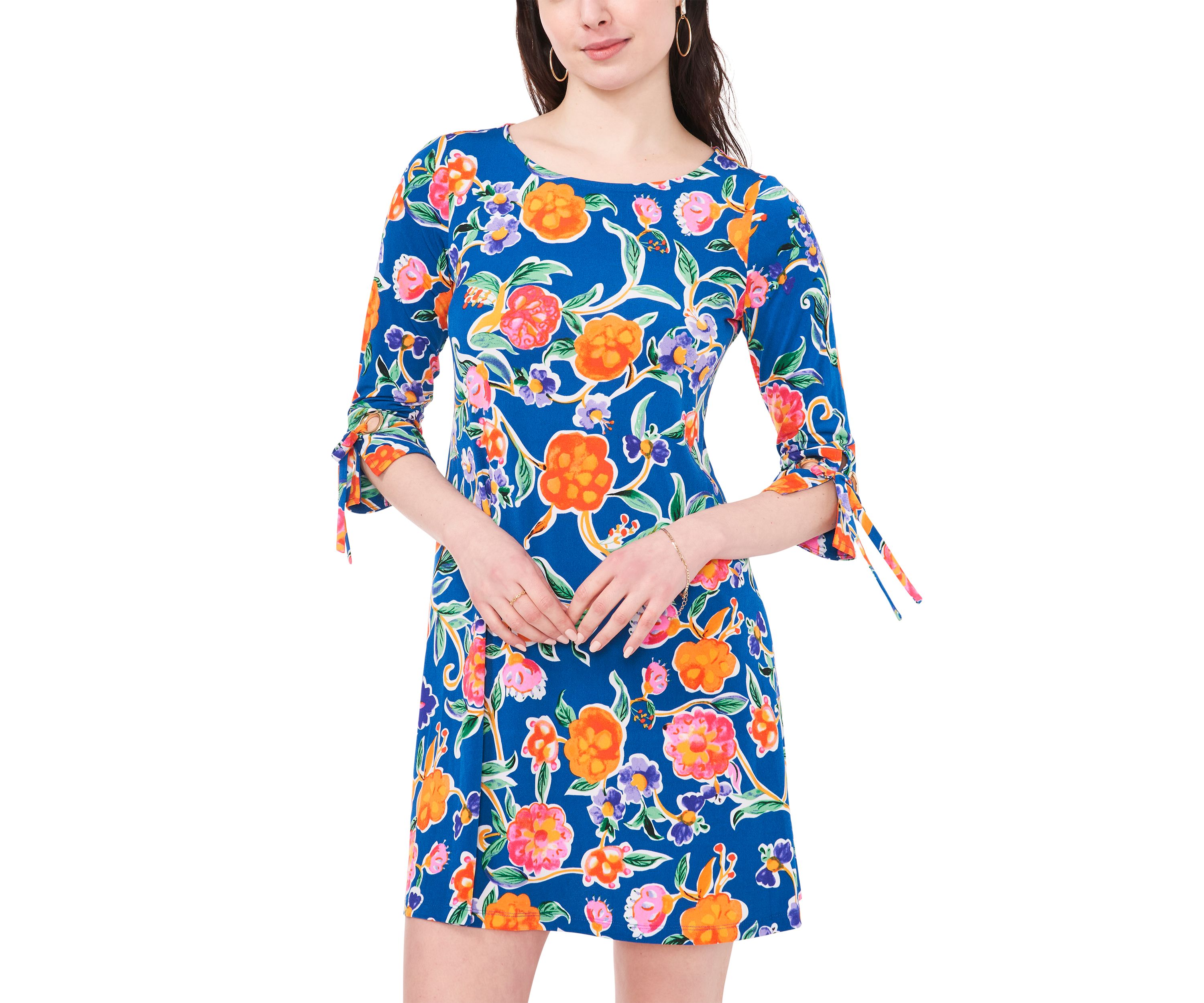 Womens 3/4 Tie Sleeve Floral Print A-Line Dress