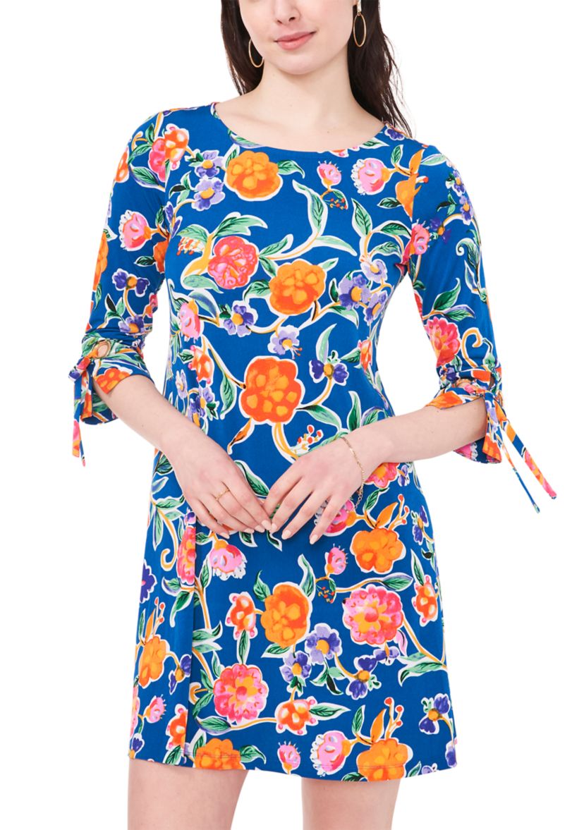 Womens 3/4 Tie Sleeve Floral Print A-Line Dress