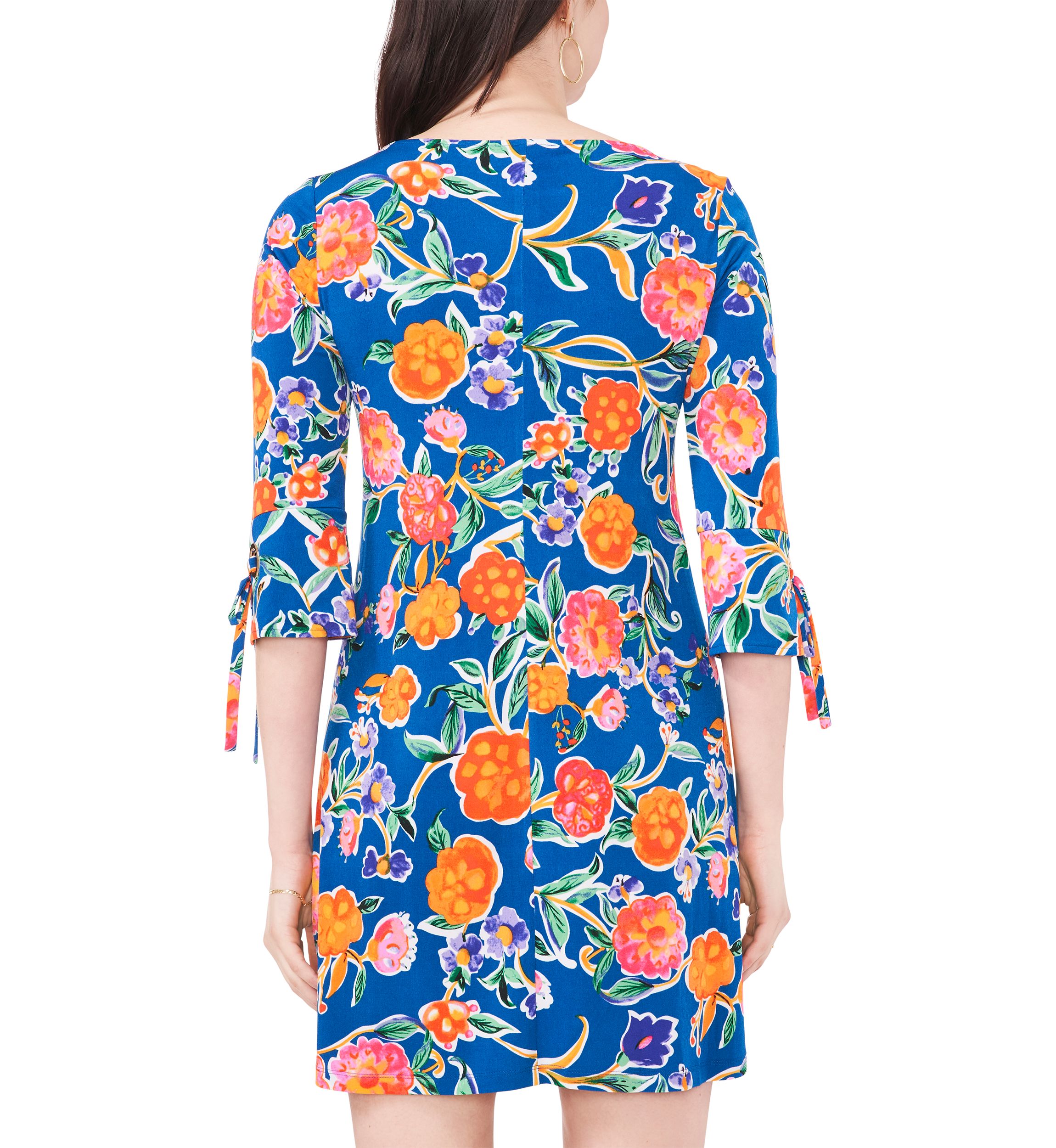 Womens 3/4 Tie Sleeve Floral Print A-Line Dress