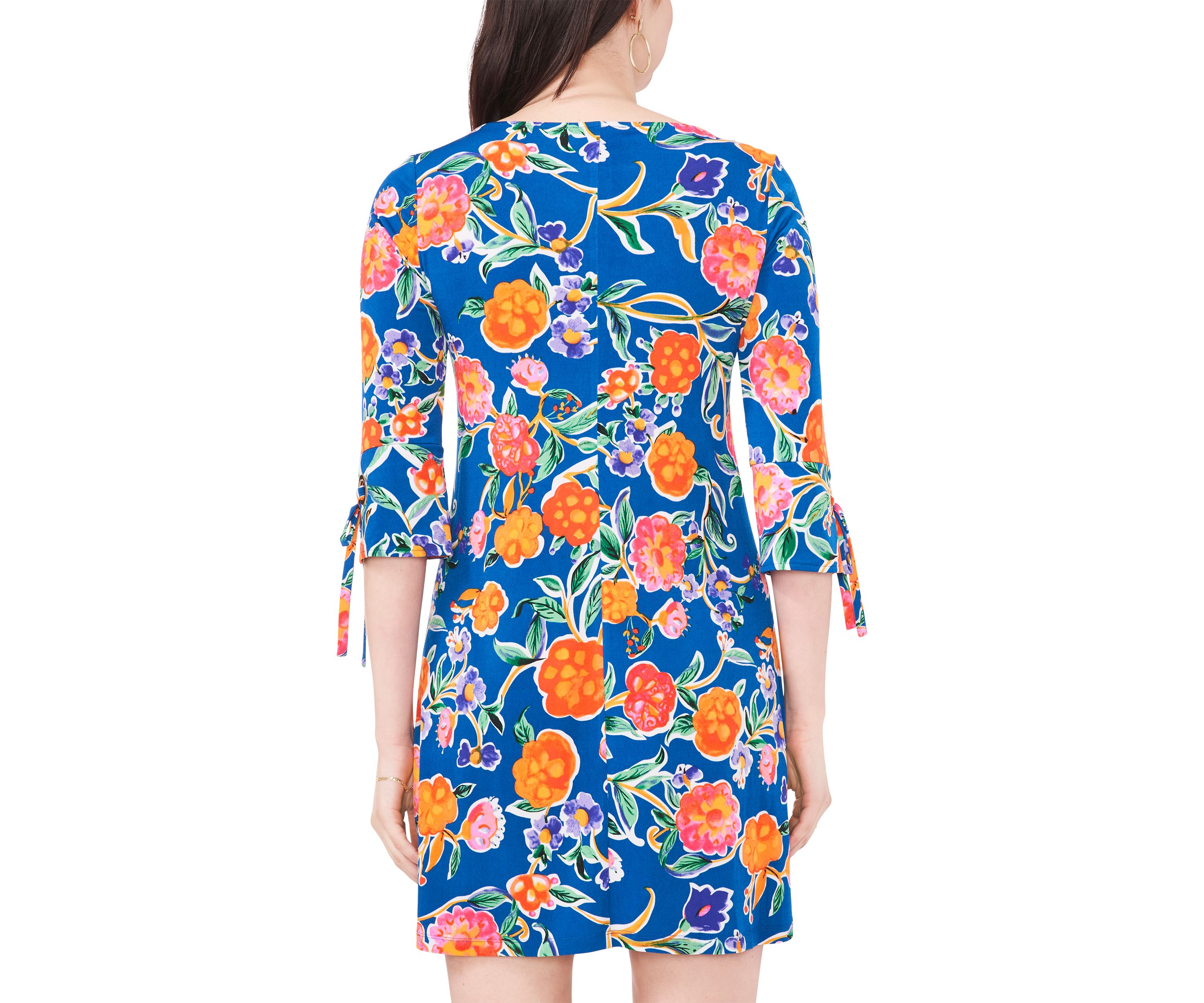 Womens 3/4 Tie Sleeve Floral Print A-Line Dress