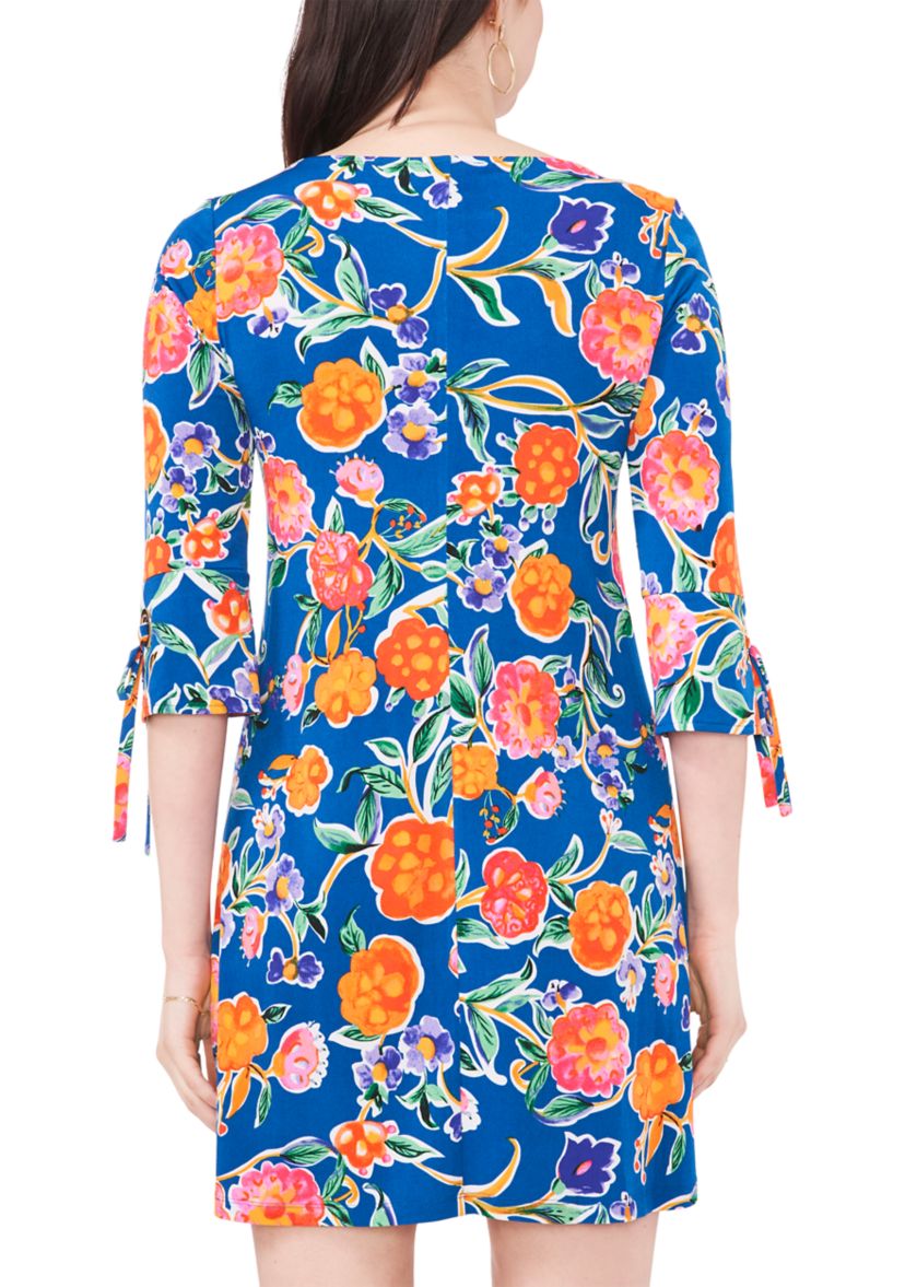 Womens 3/4 Tie Sleeve Floral Print A-Line Dress