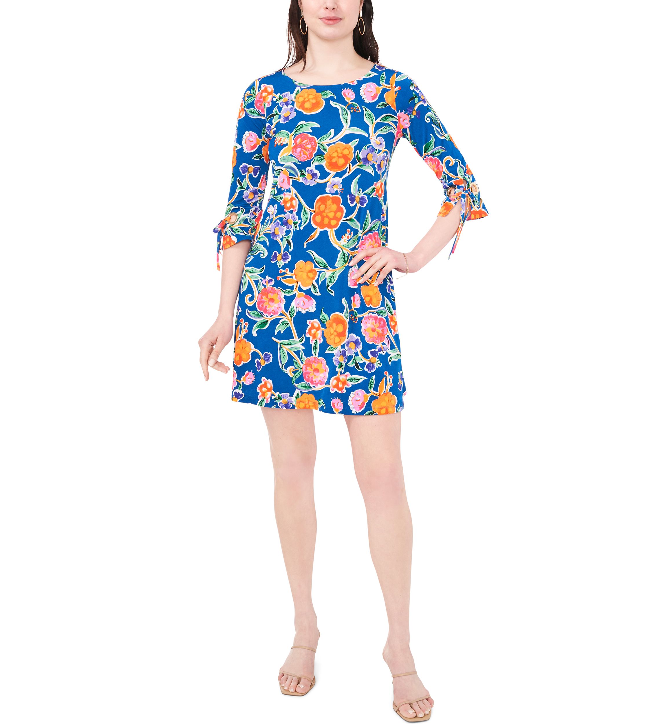 Womens 3/4 Tie Sleeve Floral Print A-Line Dress