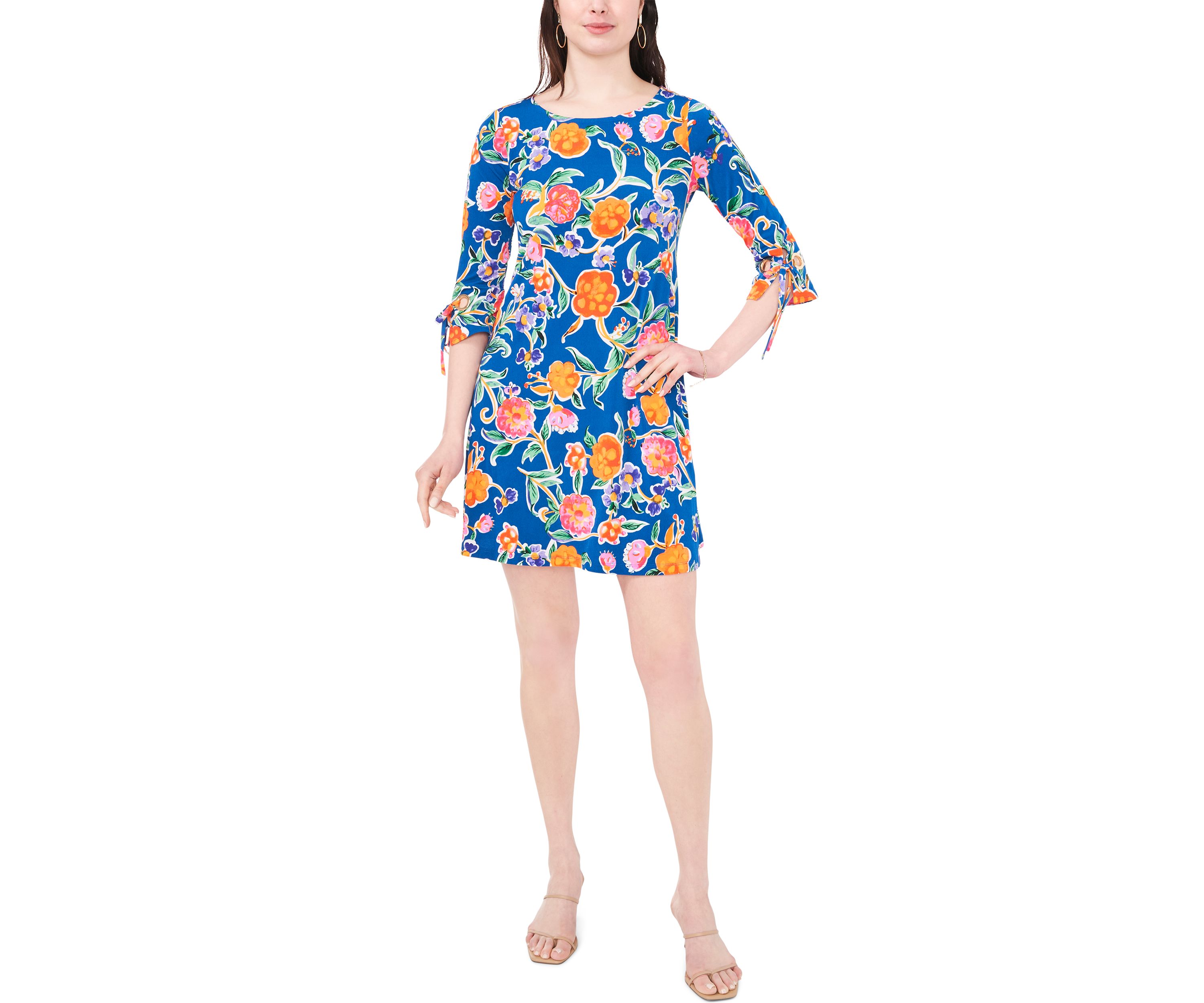 Womens 3/4 Tie Sleeve Floral Print A-Line Dress
