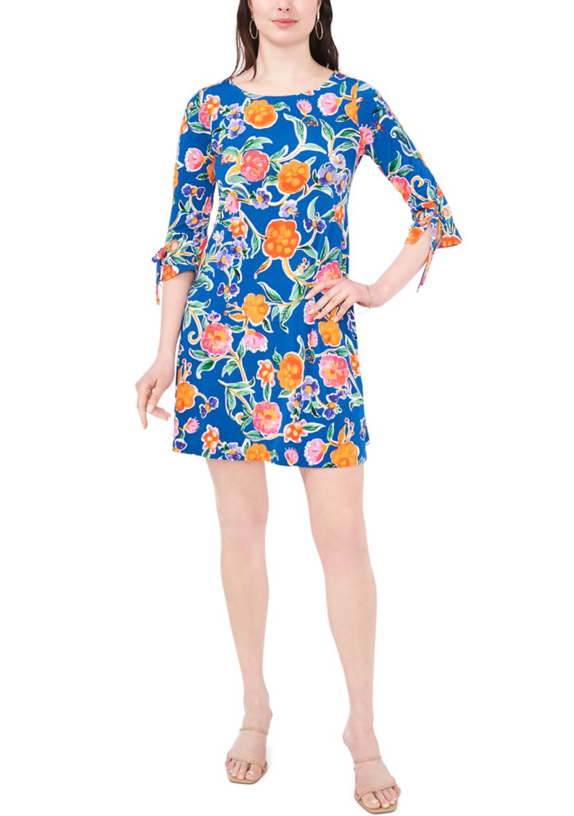 Womens 3/4 Tie Sleeve Floral Print A-Line Dress