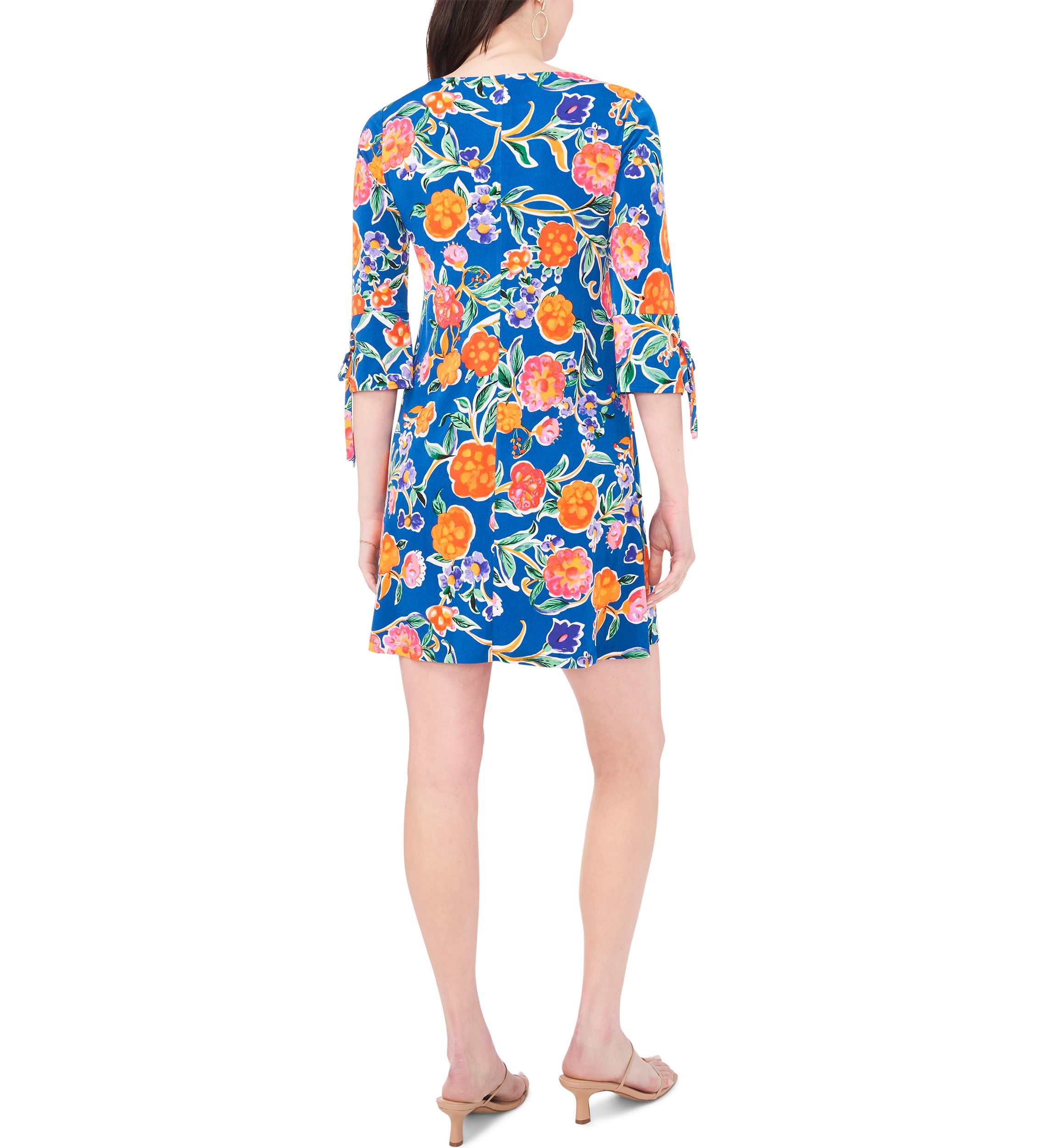 Womens 3/4 Tie Sleeve Floral Print A-Line Dress