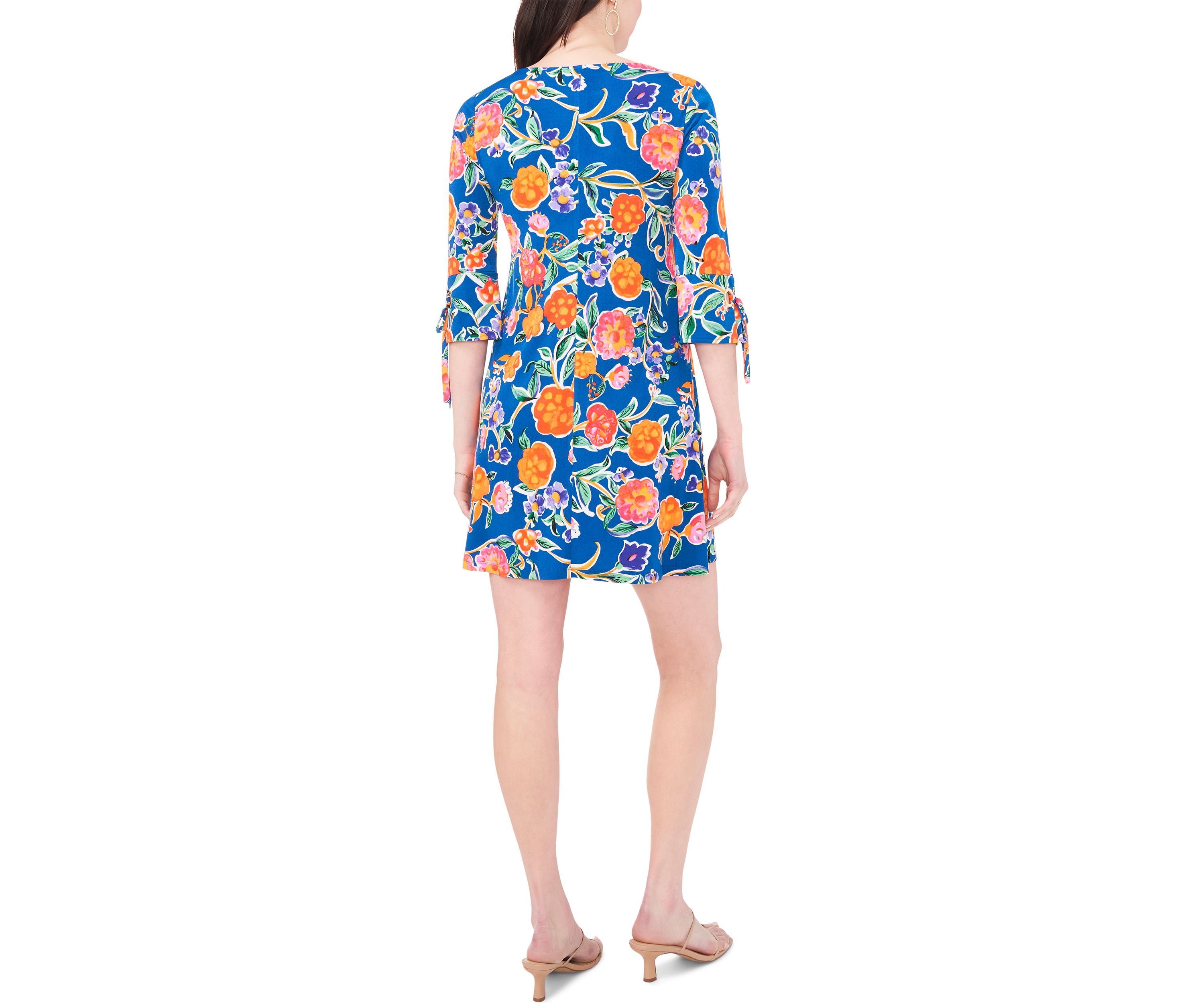 Womens 3/4 Tie Sleeve Floral Print A-Line Dress