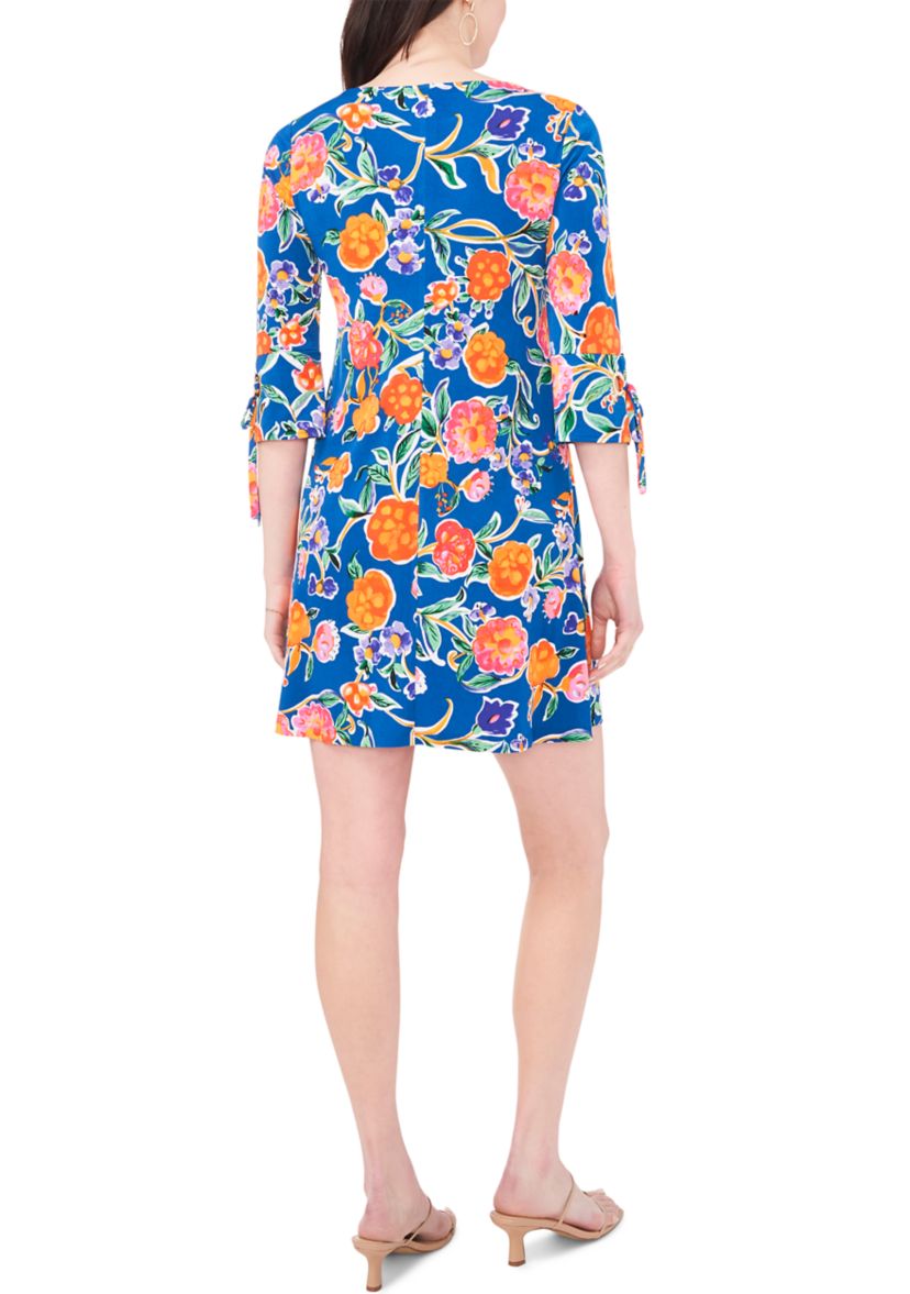 Womens 3/4 Tie Sleeve Floral Print A-Line Dress