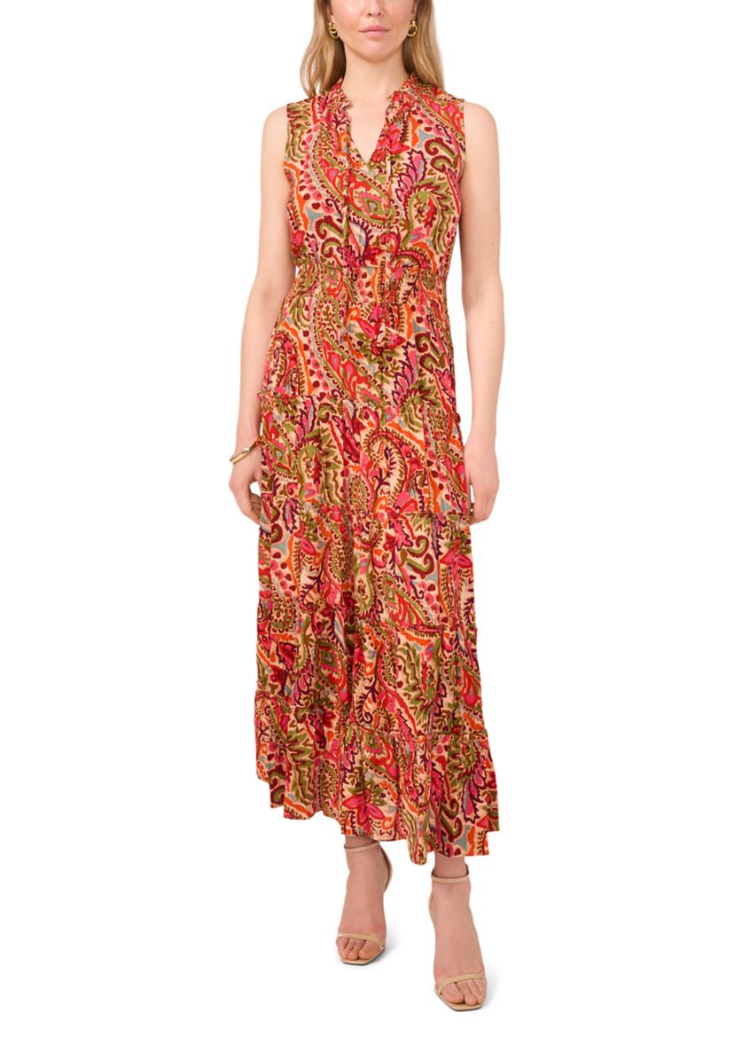 Womens Printed Tie Neck Challis Maxi Dress