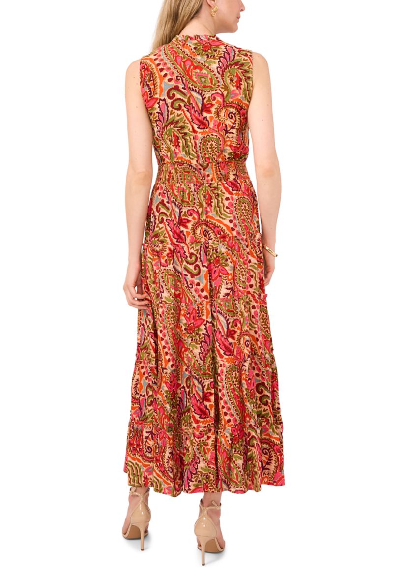 Womens Printed Tie Neck Challis Maxi Dress