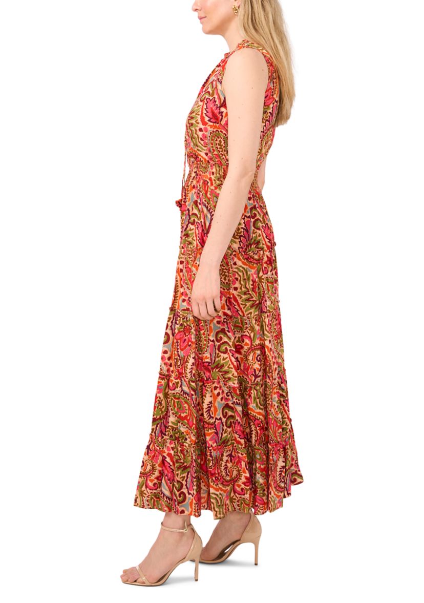 Womens Printed Tie Neck Challis Maxi Dress