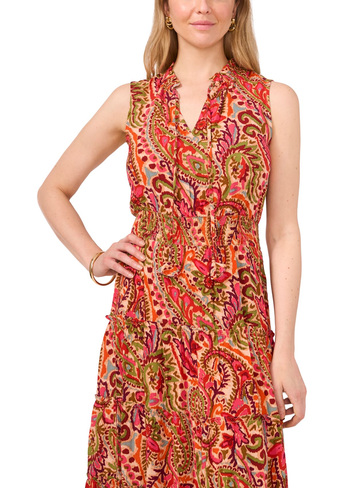 Womens Printed Tie Neck Challis Maxi Dress
