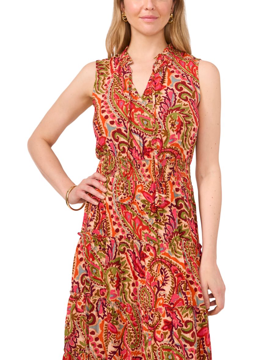 Womens Printed Tie Neck Challis Maxi Dress