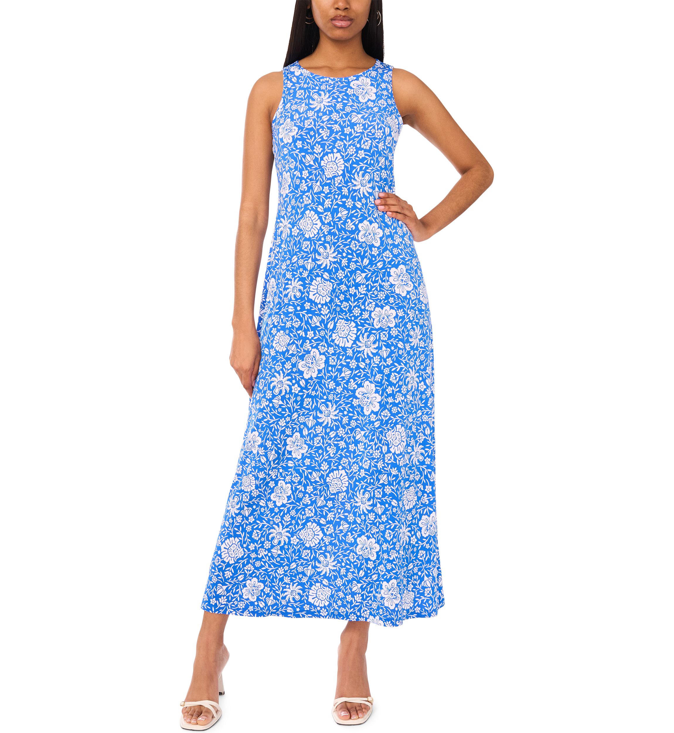 Womens Sleeveless Crew Neck Printed Maxi Dress
