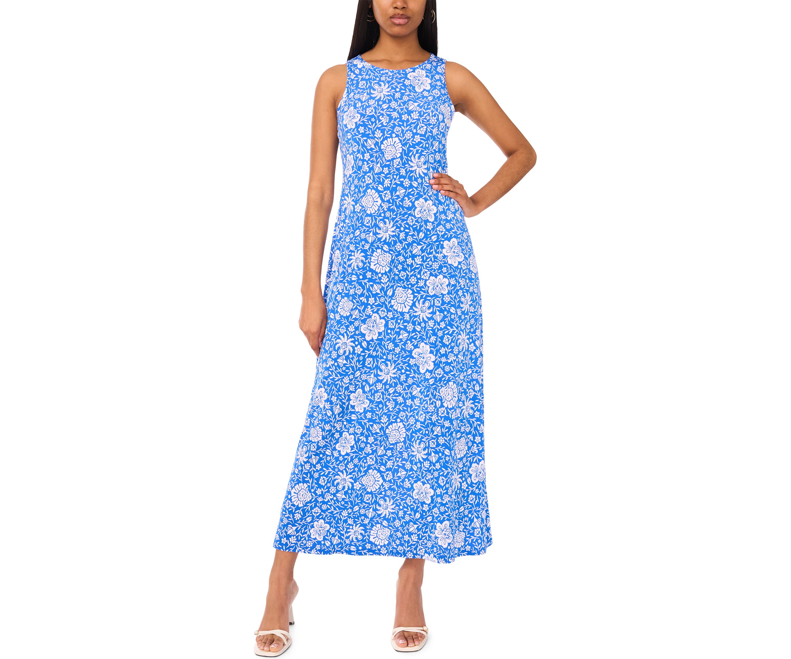 Womens Sleeveless Crew Neck Printed Maxi Dress
