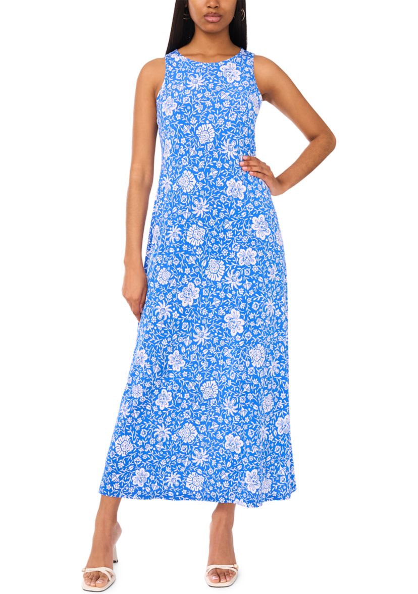 Womens Sleeveless Crew Neck Printed Maxi Dress