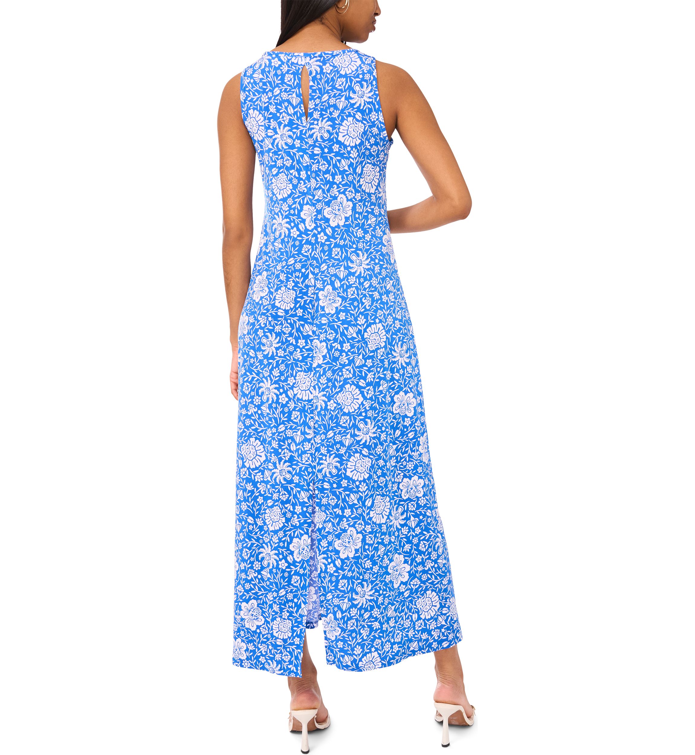 Womens Sleeveless Crew Neck Printed Maxi Dress