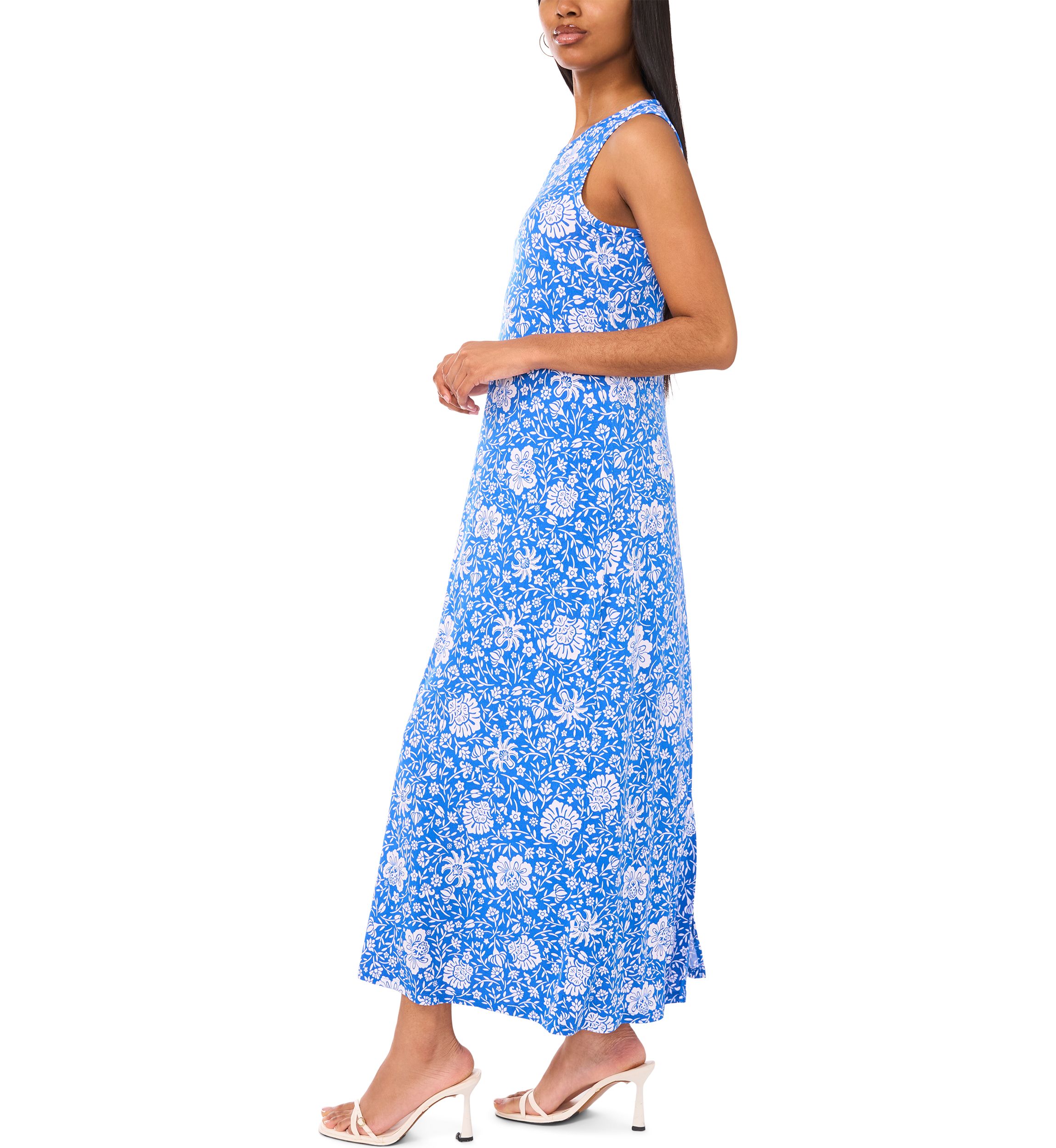 Womens Sleeveless Crew Neck Printed Maxi Dress