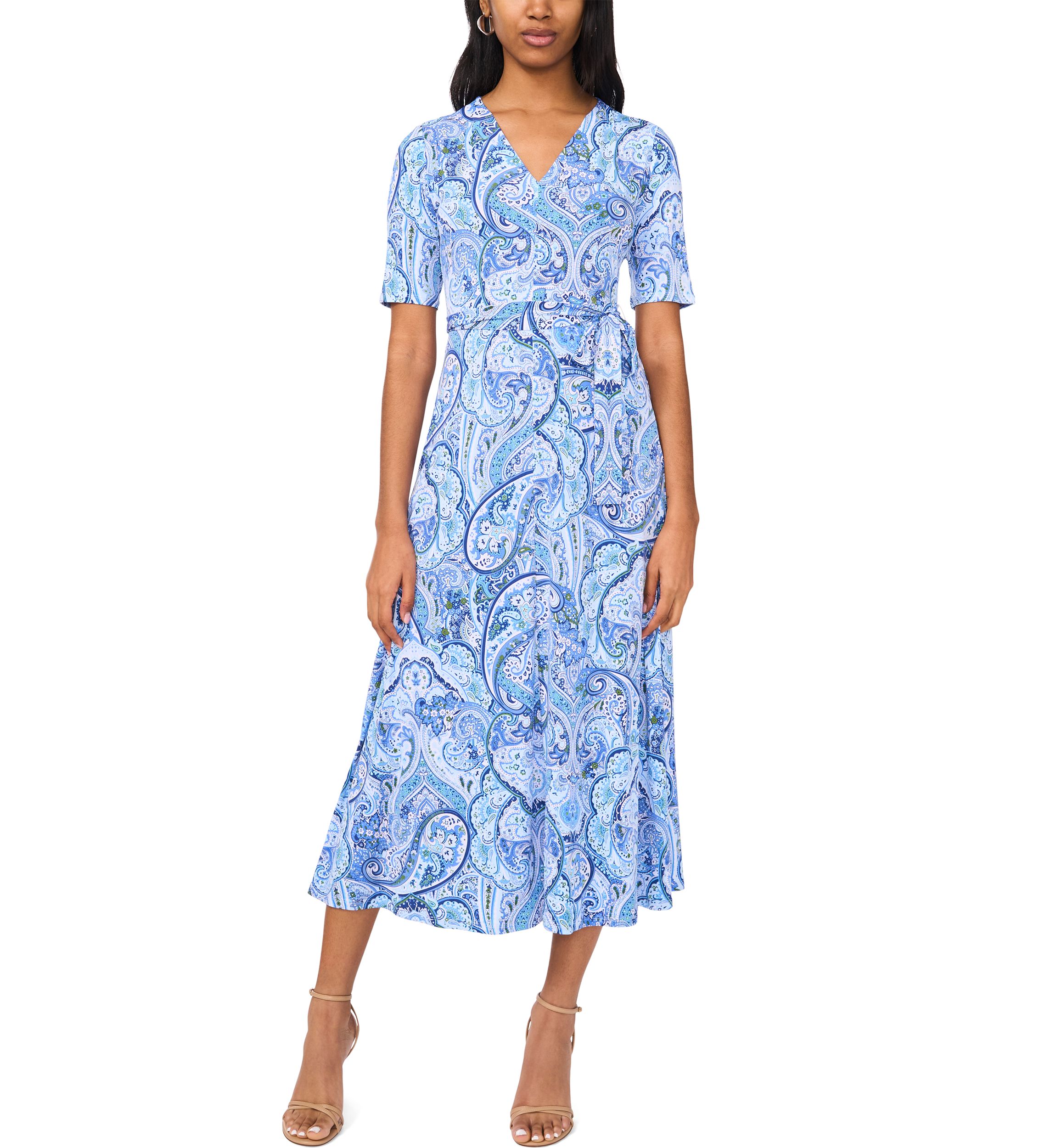  Womens Short Sleeve Paisley Midi Dress