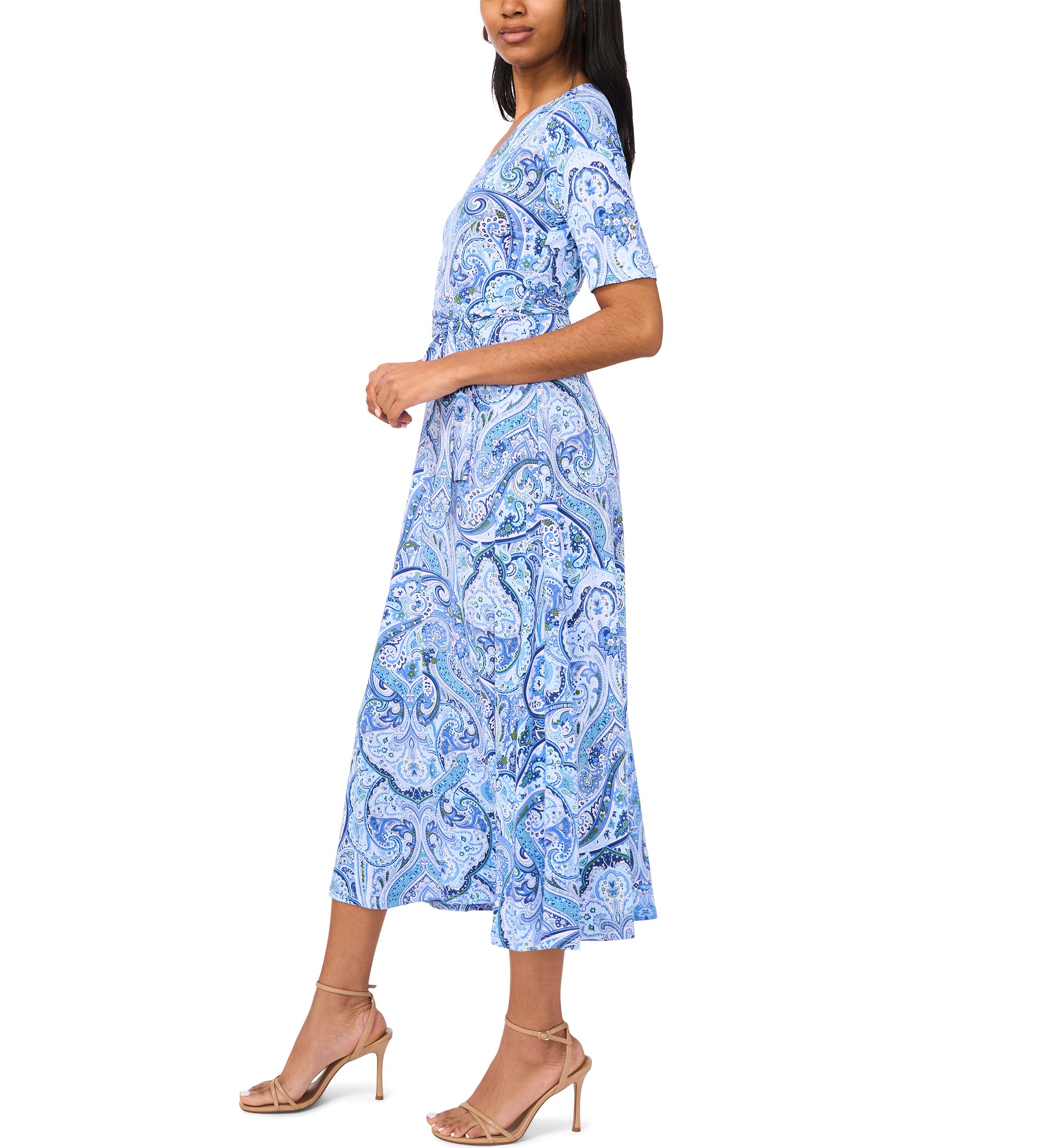  Womens Short Sleeve Paisley Midi Dress