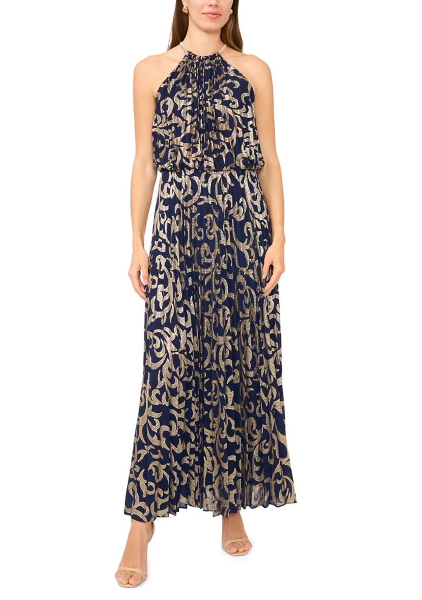 MSK Women's Sleeveless Pleated Foil Necklace Gown, Gold, 10