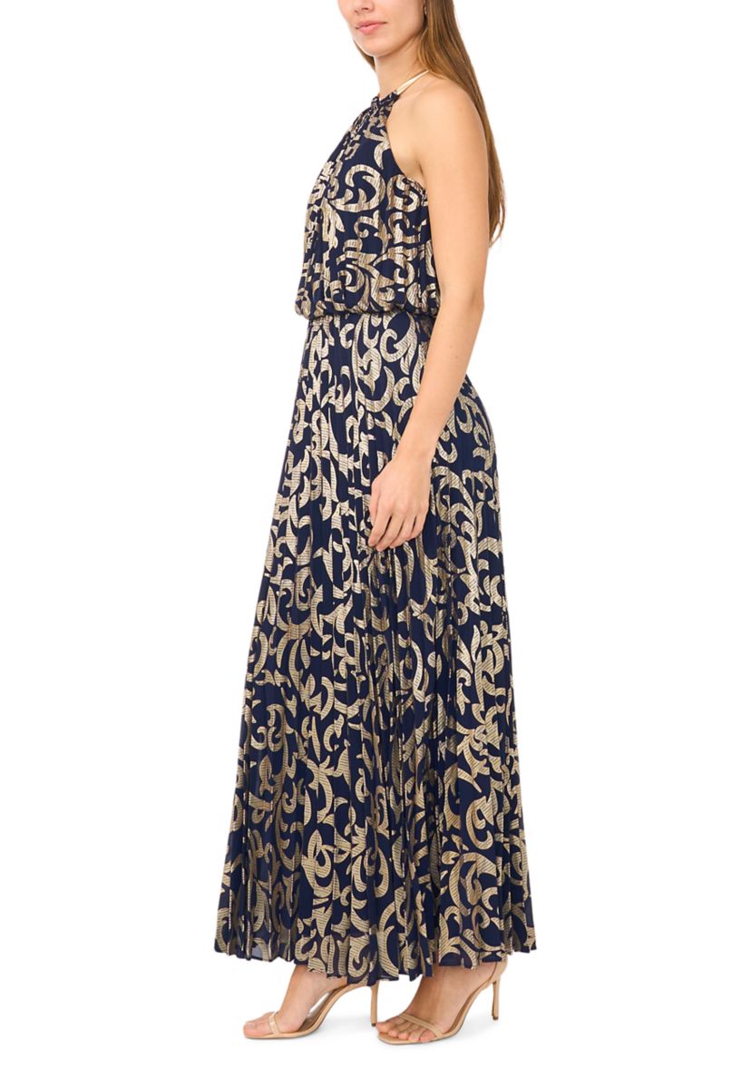 msk gowns & formal dresses MSK Women's Sleeveless Pleated Foil Necklace Gown, Gold, 10