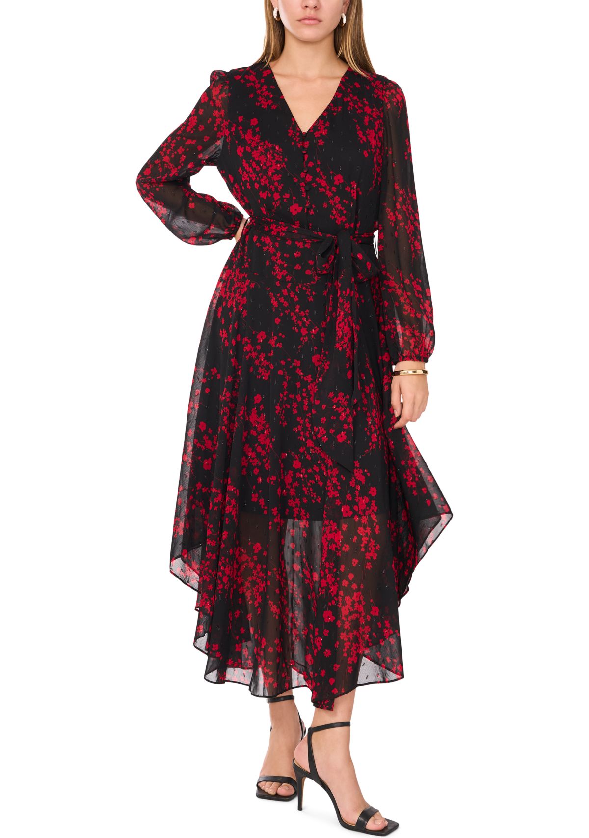 Womens Long Sleeve V-Neck Printed Chiffon Fit-and-Flare Dress 