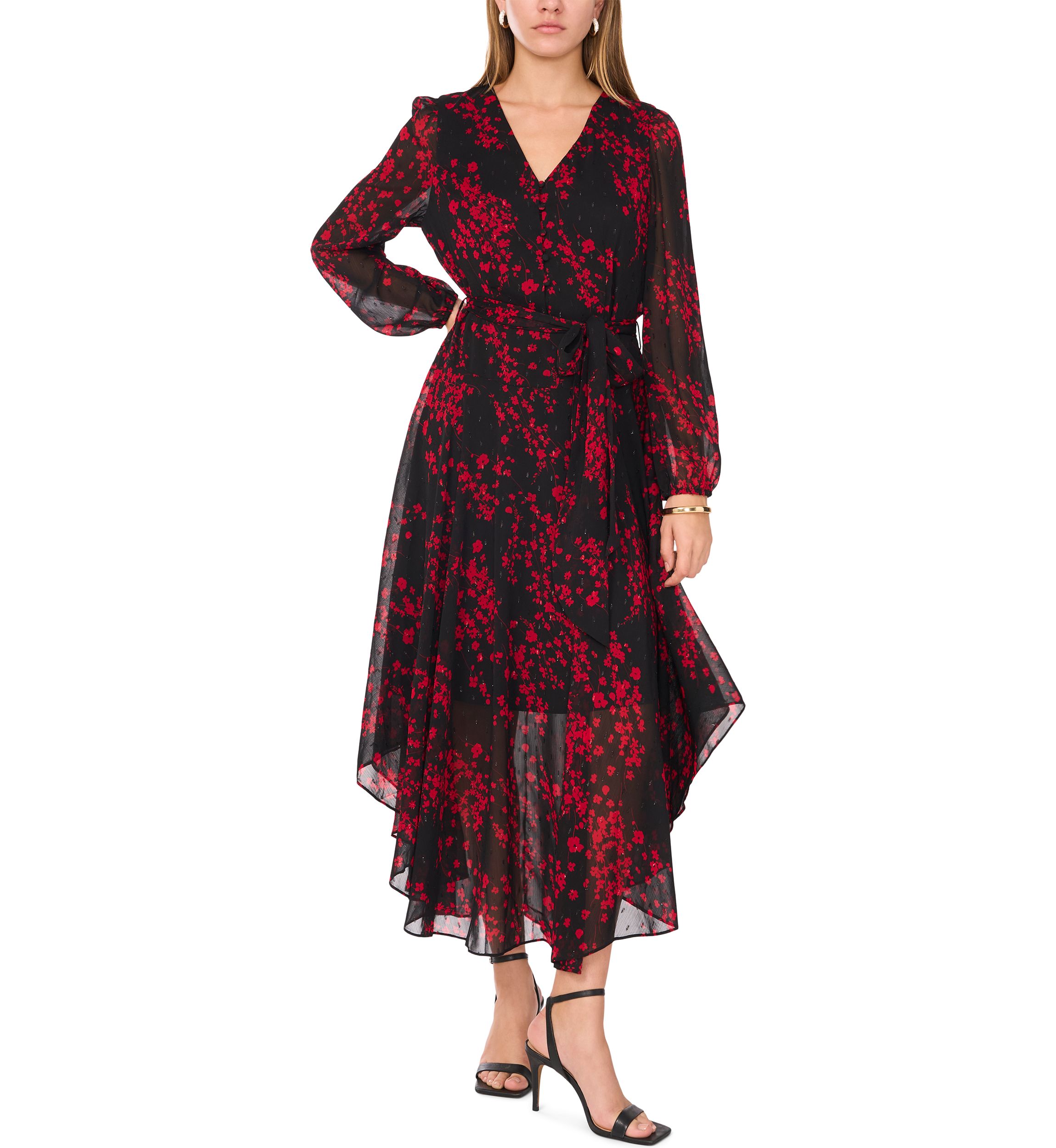 Womens Long Sleeve V-Neck Printed Chiffon Fit-and-Flare Dress 