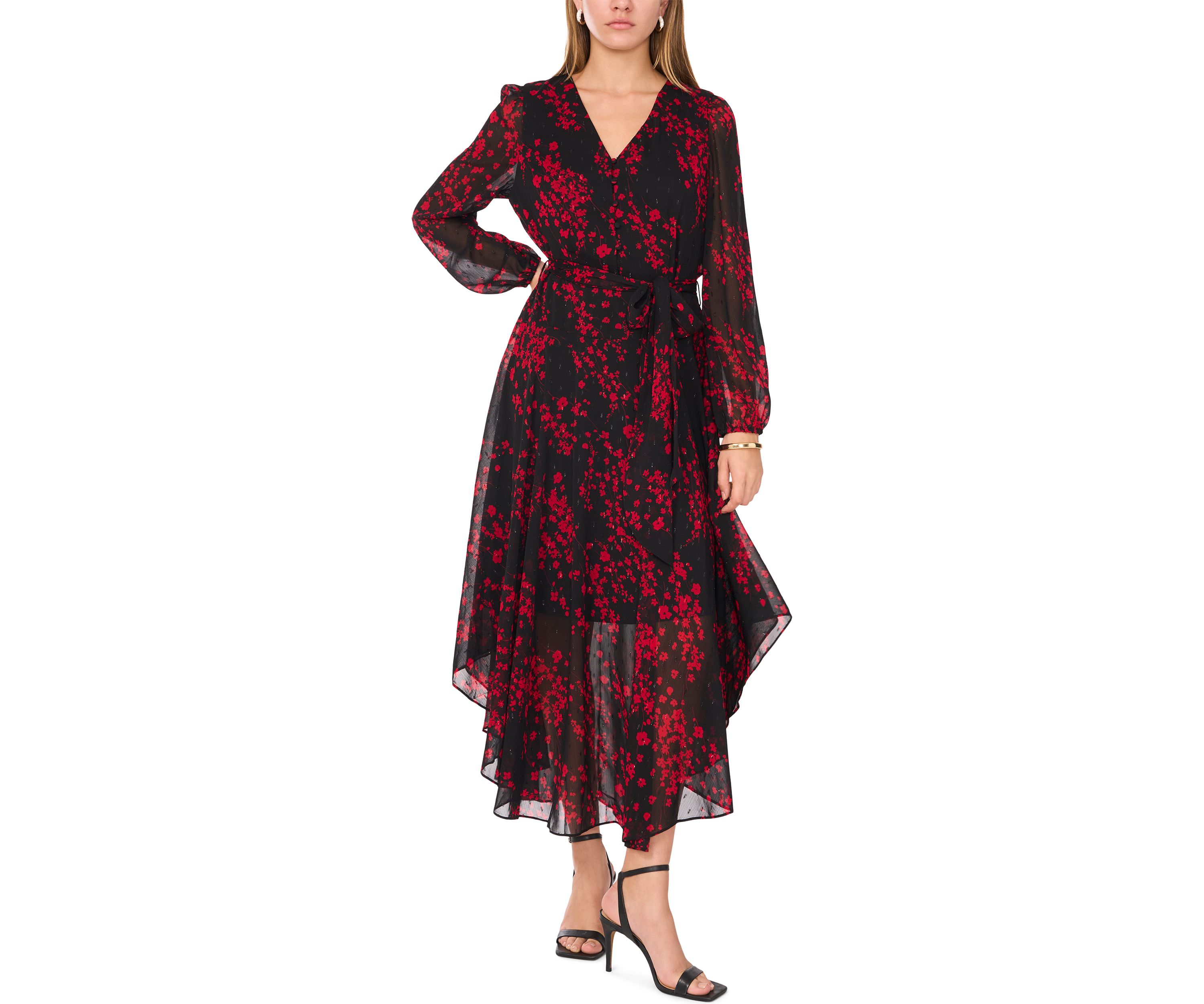 Womens Long Sleeve V-Neck Printed Chiffon Fit-and-Flare Dress 