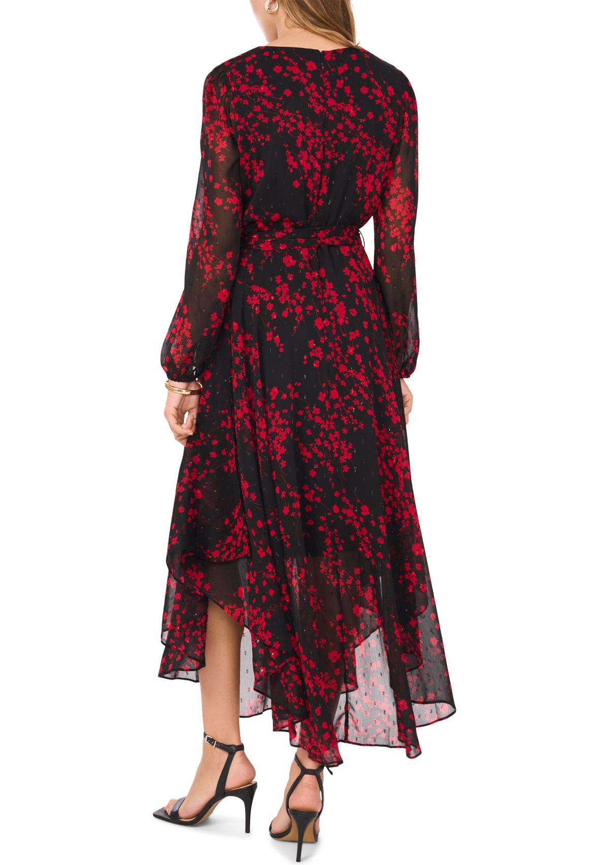 Womens Long Sleeve V-Neck Printed Chiffon Fit-and-Flare Dress 