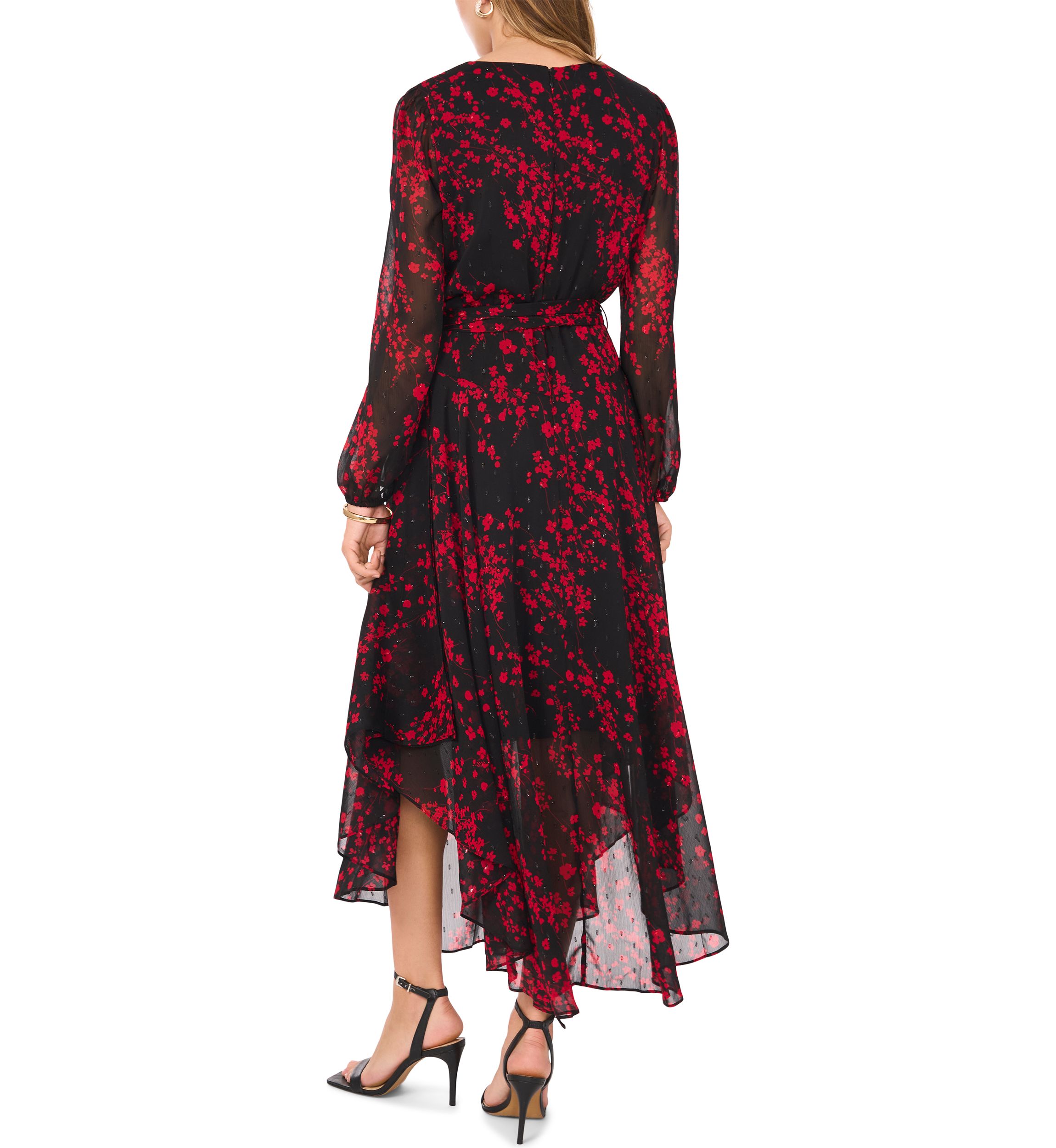 Womens Long Sleeve V-Neck Printed Chiffon Fit-and-Flare Dress 