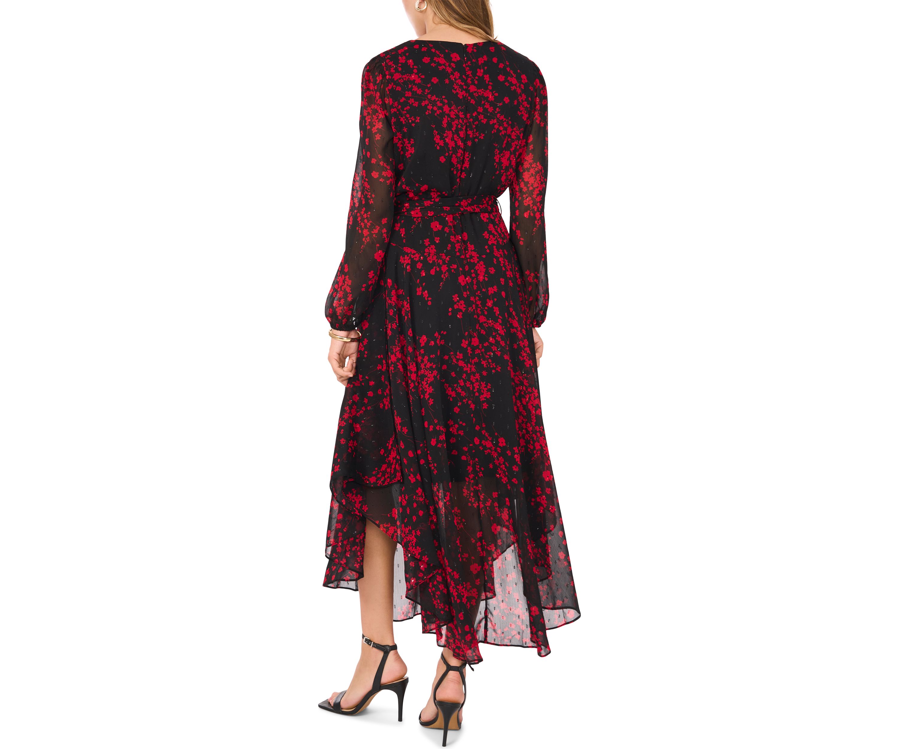 Womens Long Sleeve V-Neck Printed Chiffon Fit-and-Flare Dress 