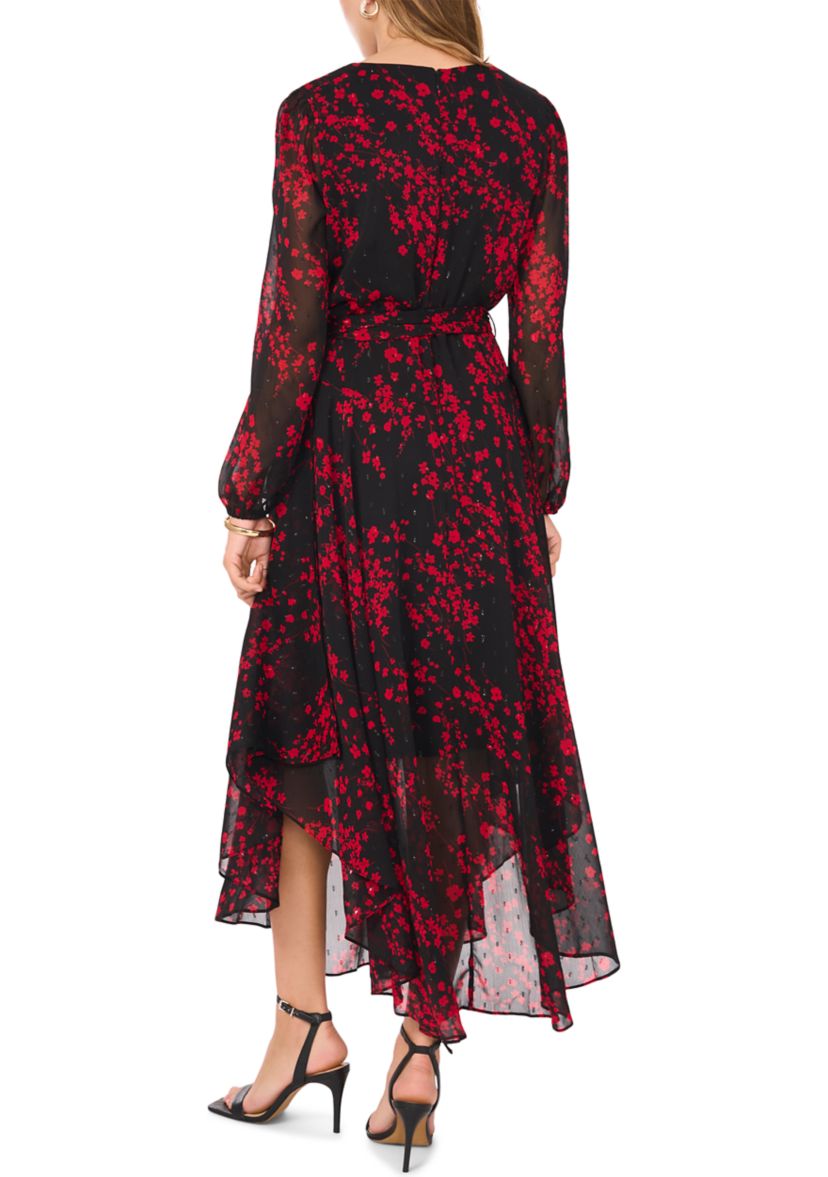 Womens Long Sleeve V-Neck Printed Chiffon Fit-and-Flare Dress 