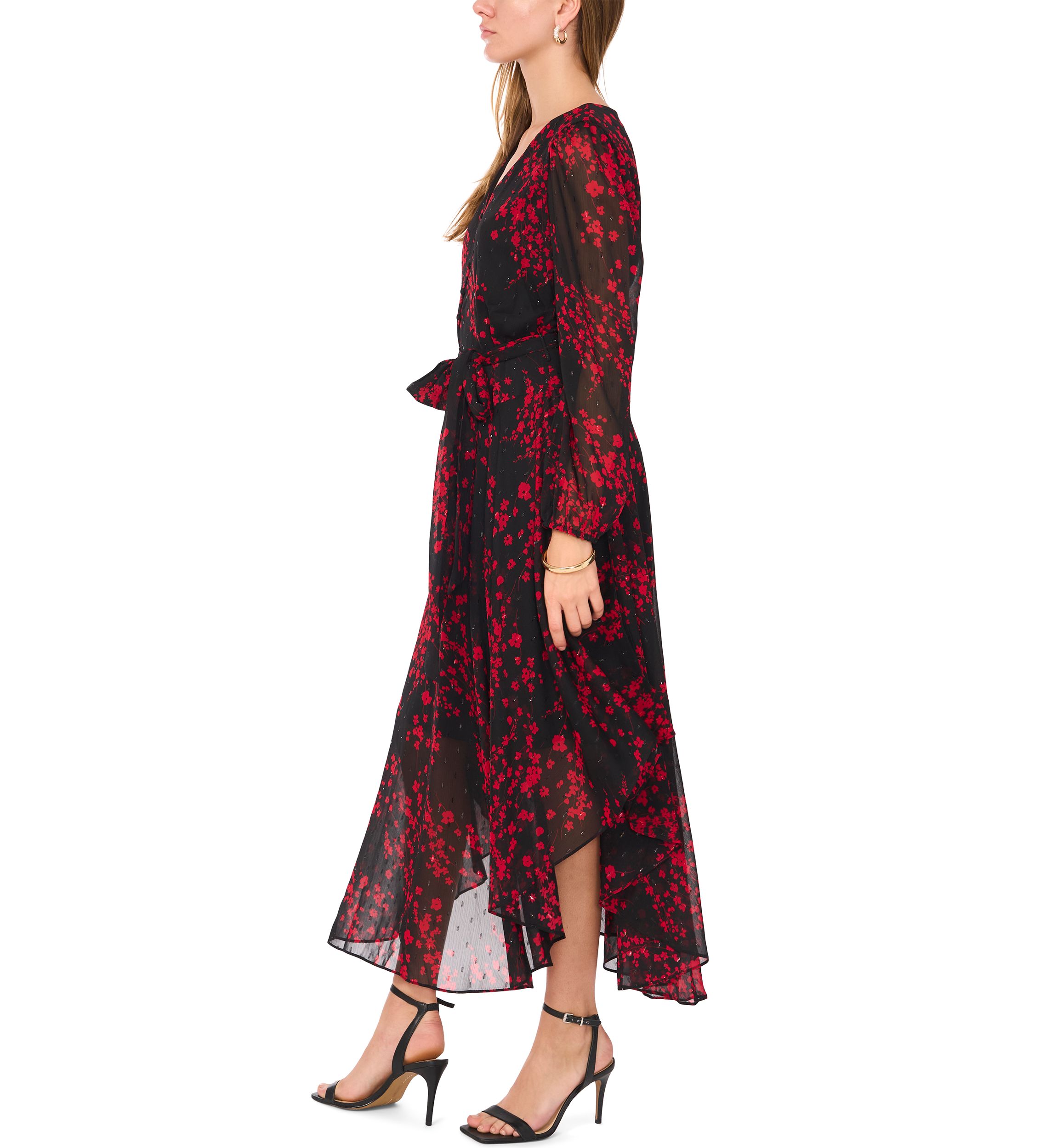 Womens Long Sleeve V-Neck Printed Chiffon Fit-and-Flare Dress 