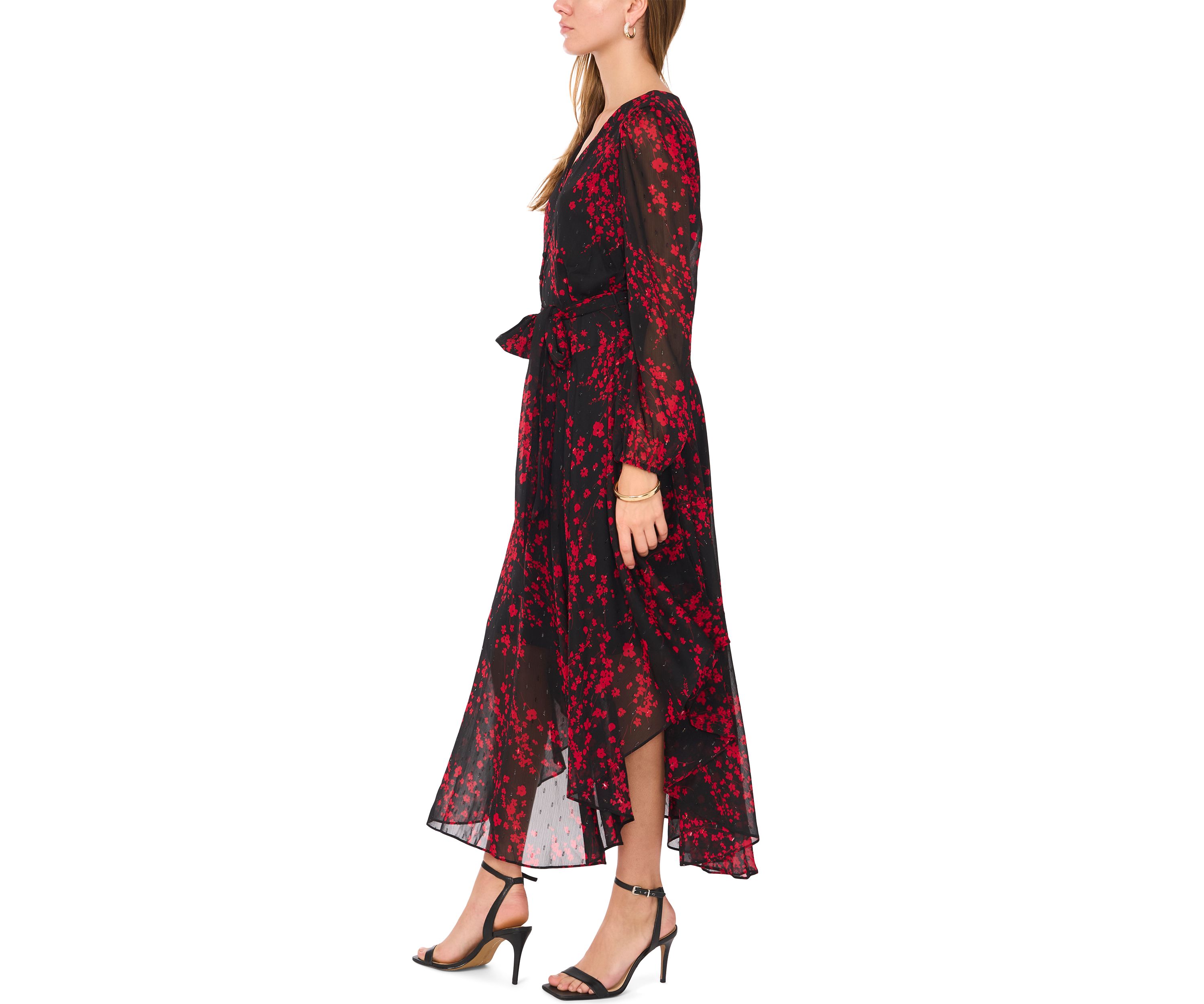 Womens Long Sleeve V-Neck Printed Chiffon Fit-and-Flare Dress 