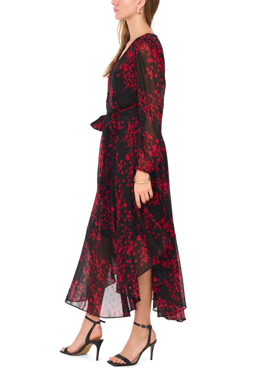 Womens Long Sleeve V-Neck Printed Chiffon Fit-and-Flare Dress 