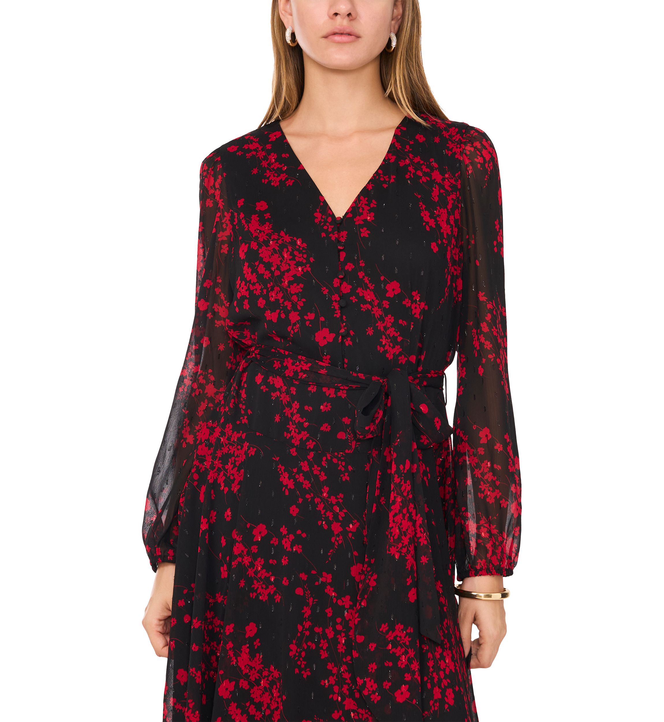 Womens Long Sleeve V-Neck Printed Chiffon Fit-and-Flare Dress 