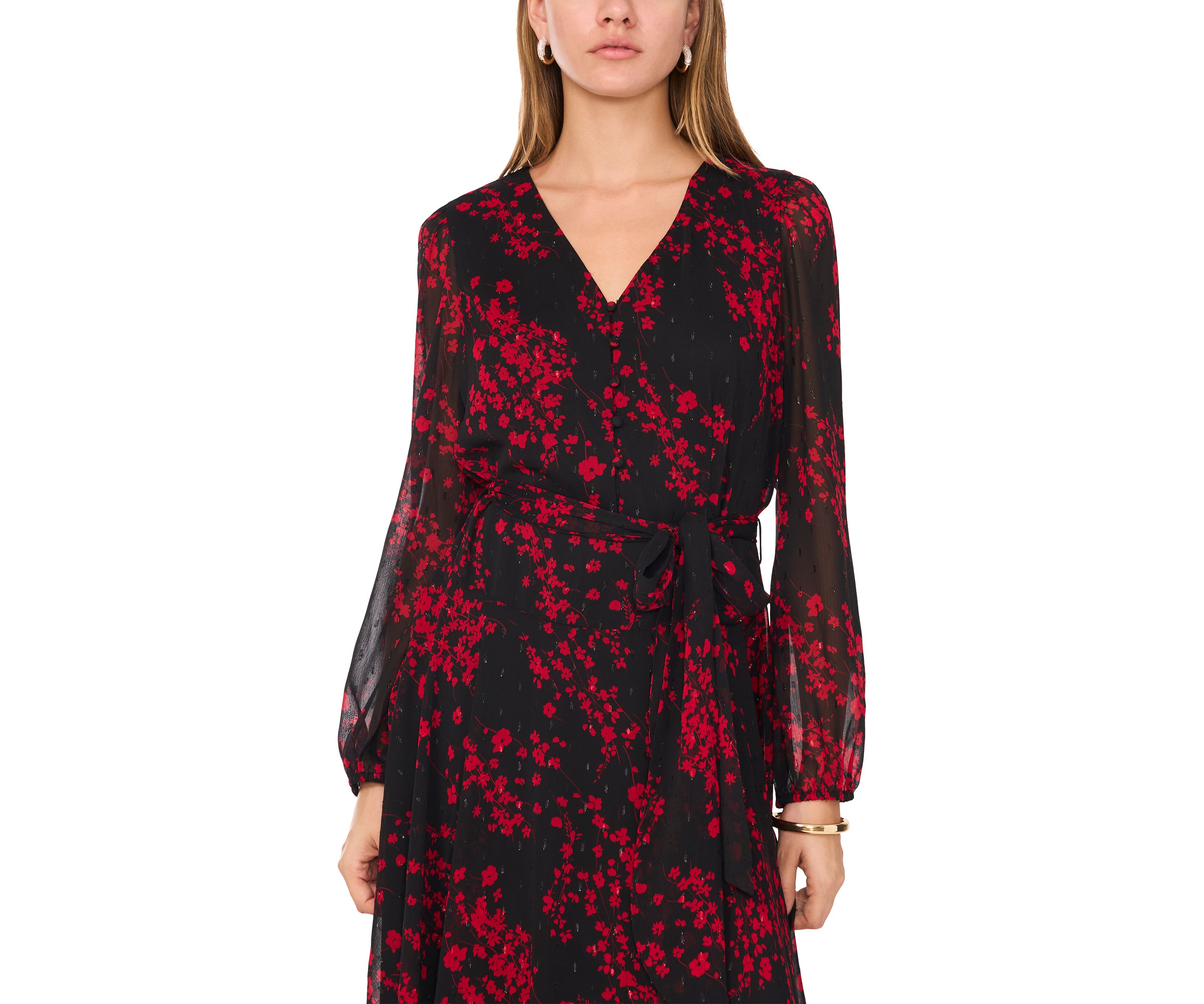 Womens Long Sleeve V-Neck Printed Chiffon Fit-and-Flare Dress 