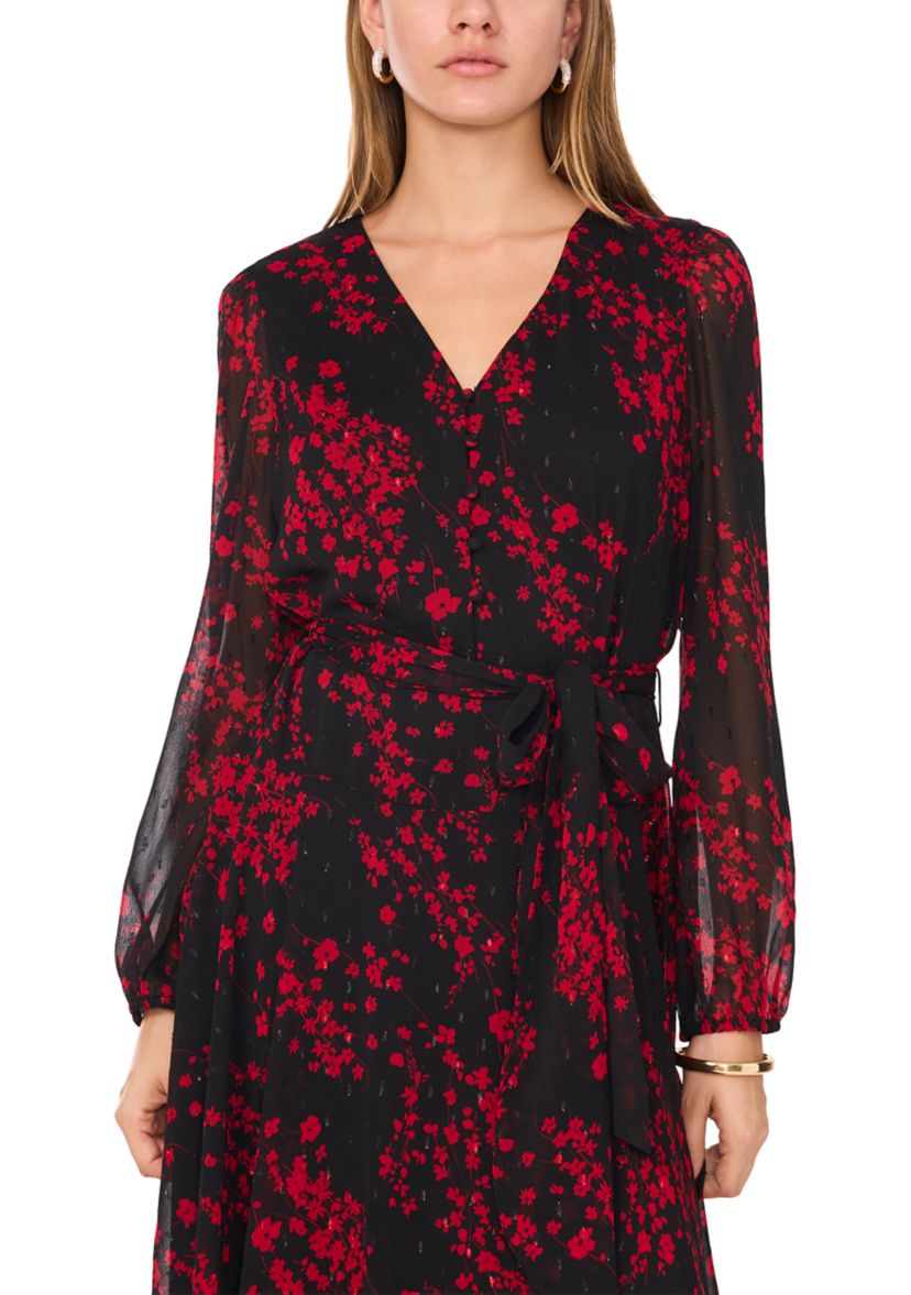 Womens Long Sleeve V-Neck Printed Chiffon Fit-and-Flare Dress 